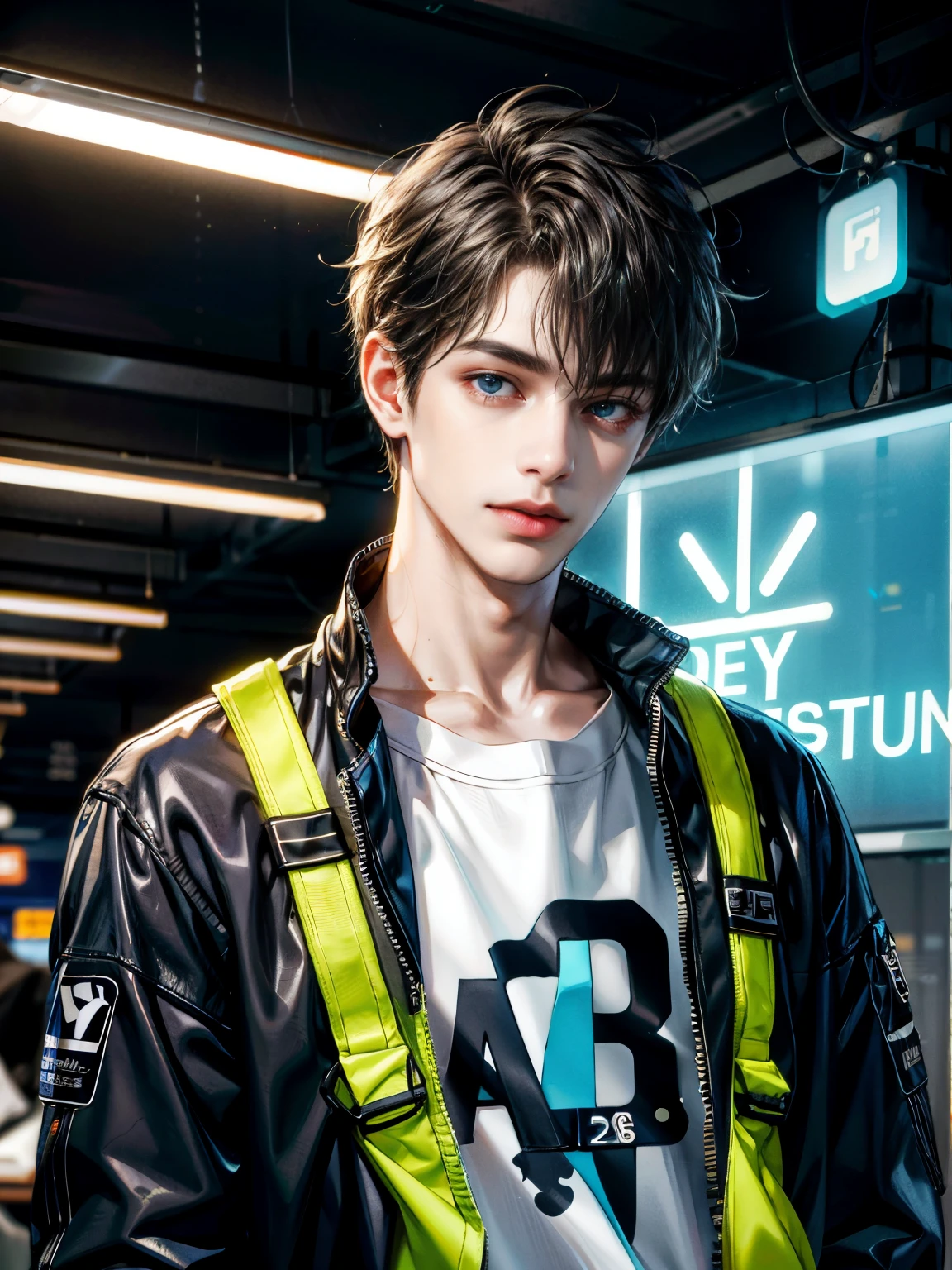 masuter piece:1.8, Beautiful One Boy, Neon light, Untidy clothes, no person, Looking at Viewer, lifelike face:1.8