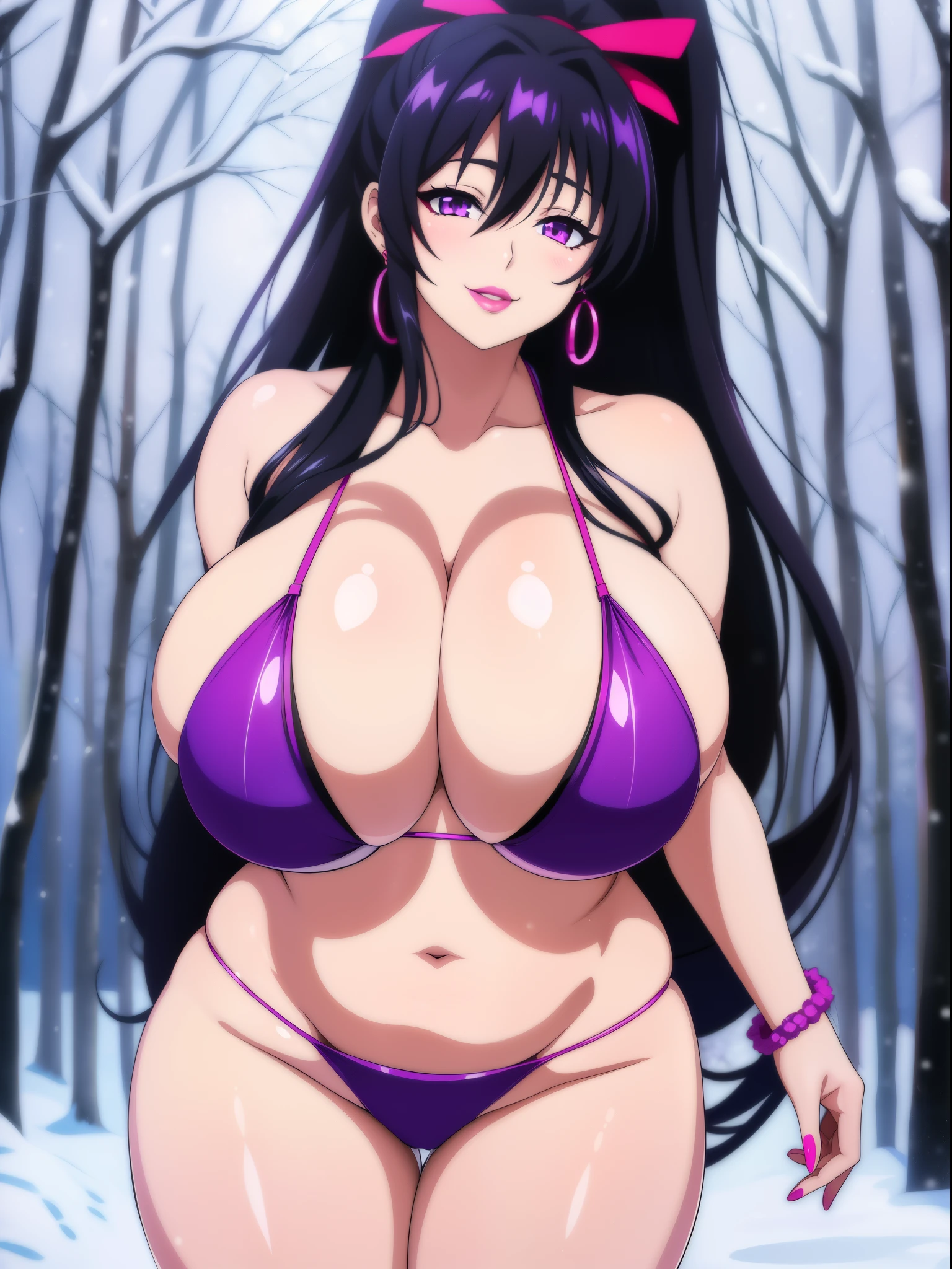 Akeno Himejima, 1girl, (((bimbo))), long black hair, purple eyes, ear rings, (((bimbo))), puffy lips, painted lips, thick lips, erotic smile face, wide hips, thick thighs, huge round ass, enormous natural breasts, shiny oily breasts, purple bikini, cleavage, woods, snowing, Christmas,