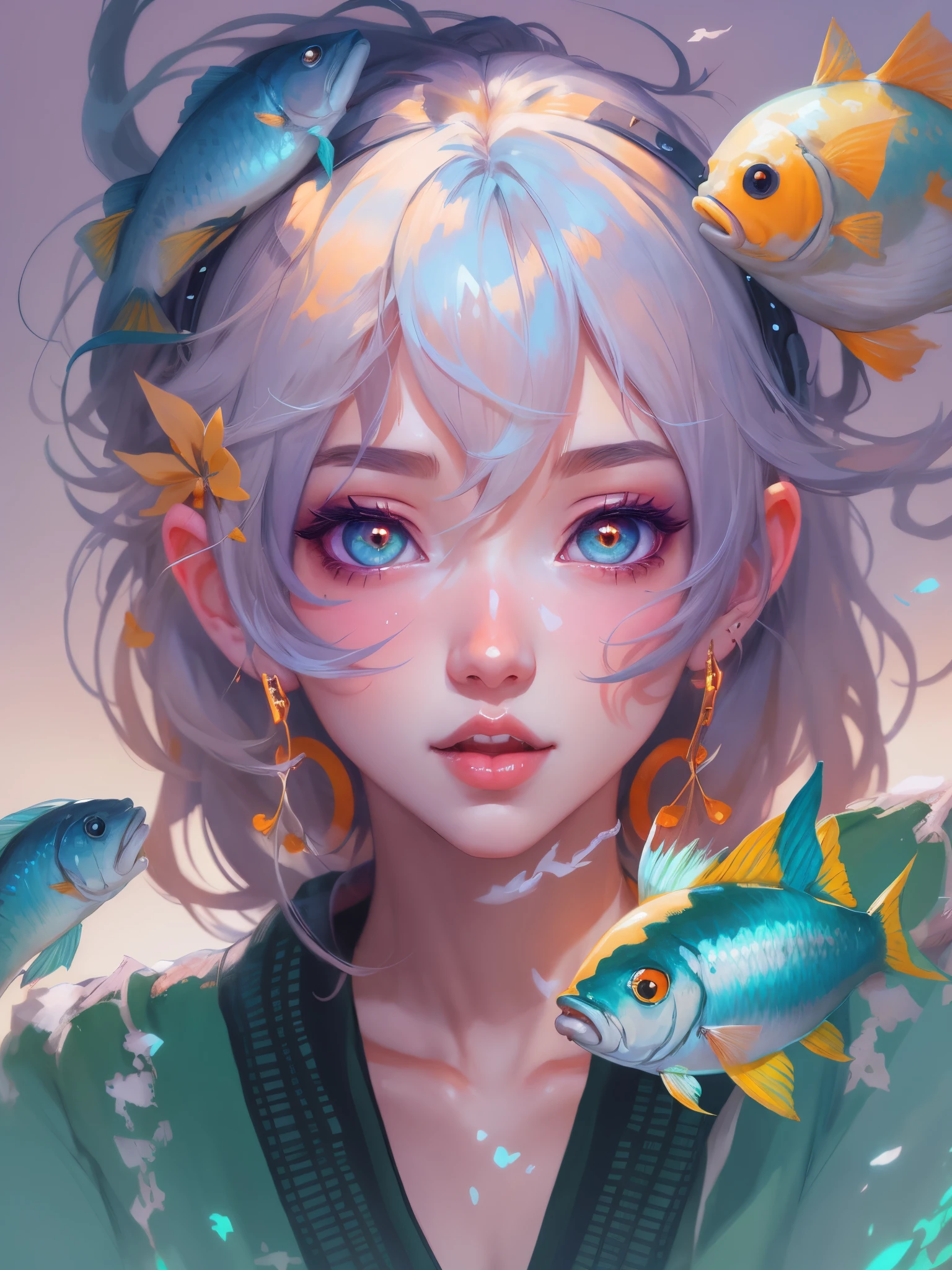 Anime girl with fish in her hair, Guweiz style artwork, detailed digital anime art, Cute and detailed digital art, loish and wop, Digital anime illustration, inspired by Yanjun Cheng, author:Hero, guweiz on pixiv artstation, guweiz on artstation pixiv, ross tran 8 k, Trends on artstration