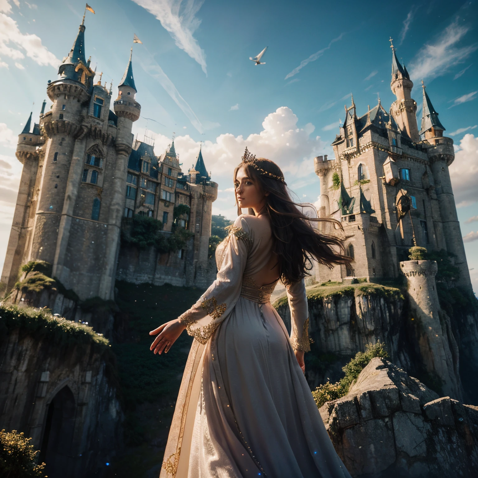A princess in robe, standing at the edge of a cliff with her back to us her hands are lifted up pointing the sky , in the background are magical in the sky including glittering components, to project concentrated magical beams from her fingertips towards a castle of beautiful fantasy in land, built soaring high into the sky, magic world, cloud, magical element surrounded castle, magical creatures flying around the castle, cinematic, intricate and highly detailed, (ultra-detailed CG unity 8K wallpaper), shot from below, low angle, one point perspective, daylight magical sky with magical creatures