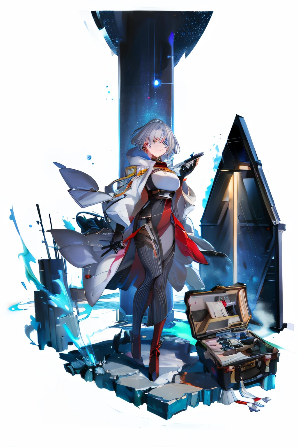 [(white background:1.5), ::2]1girl, tall, full body, big breasts, silver hair, short hair, tight space suit, long skirt, red tights, red boots, high heels, magical dress, confident pose, girl holding a suitcase, blue eyes, theatre, smile, blue toned clothing, bright red tones, red lips, solo, mid shot, full body, spaceship, sci-fi interior, yellow light trails, milky way, galaxy on the background, big window, stars, bright light, (masterpiece:1.5), (best quality:1.2), (beautiful background:1.3), detailed background, detailed beautiful face, (rain:0,6)