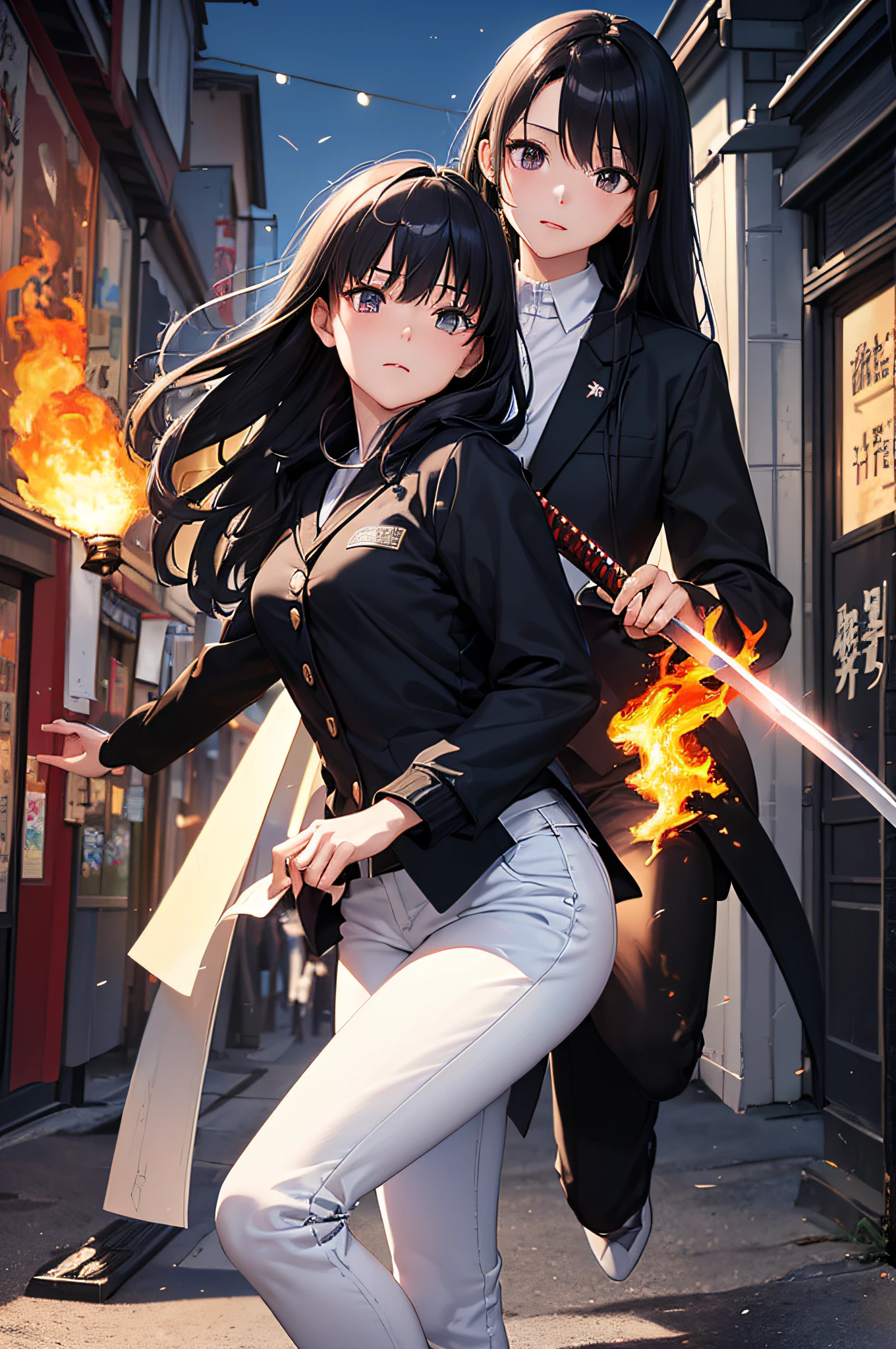 top-quality、Top image quality、masterpiece、hiquality、Beautiful Art、masutepiece、visualart、depth of fields、femele((15yo student、A slender、Black jacket、White pants、Medium bust、fire lasers from the eyes、Japanese Katana Sword、Long Black Hair)),Background with((shopping street、battle field、)),