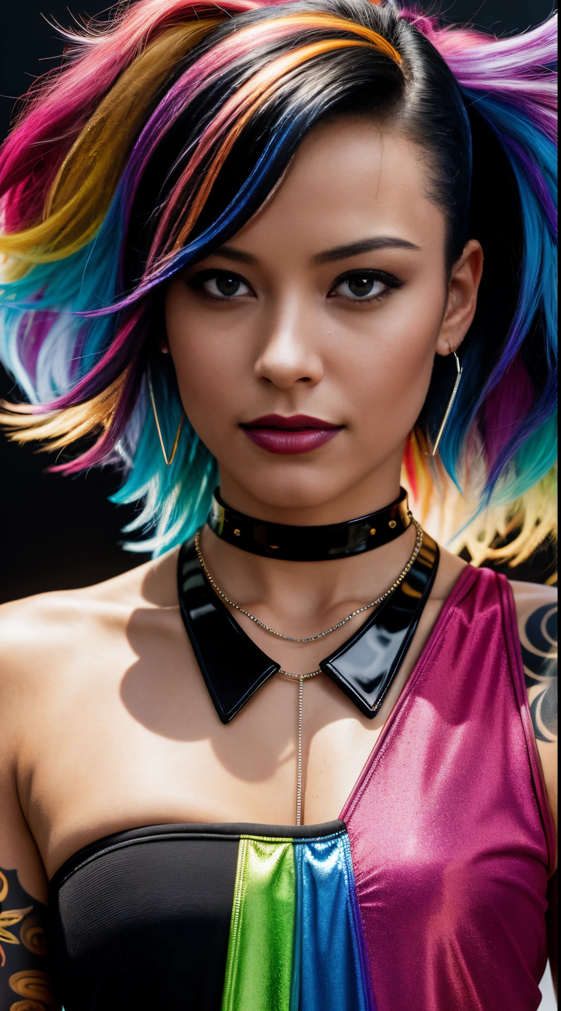 photo of a beautiful woman (Brie Larson:Amber Heard:0.4), sexy, medium breasts, punk, black hair, one side of her head is shaved, lingerie, hips, sensual, shiny skin, oily skin, tattoos, close up, face focus, detailed face, lips, choker, jewelry, [(colorful explosion psychedelic paint colors:1.21)::0.2], bedroom, masterpiece, best quality, rainbow colors, colorful, high contrast, seductive smile