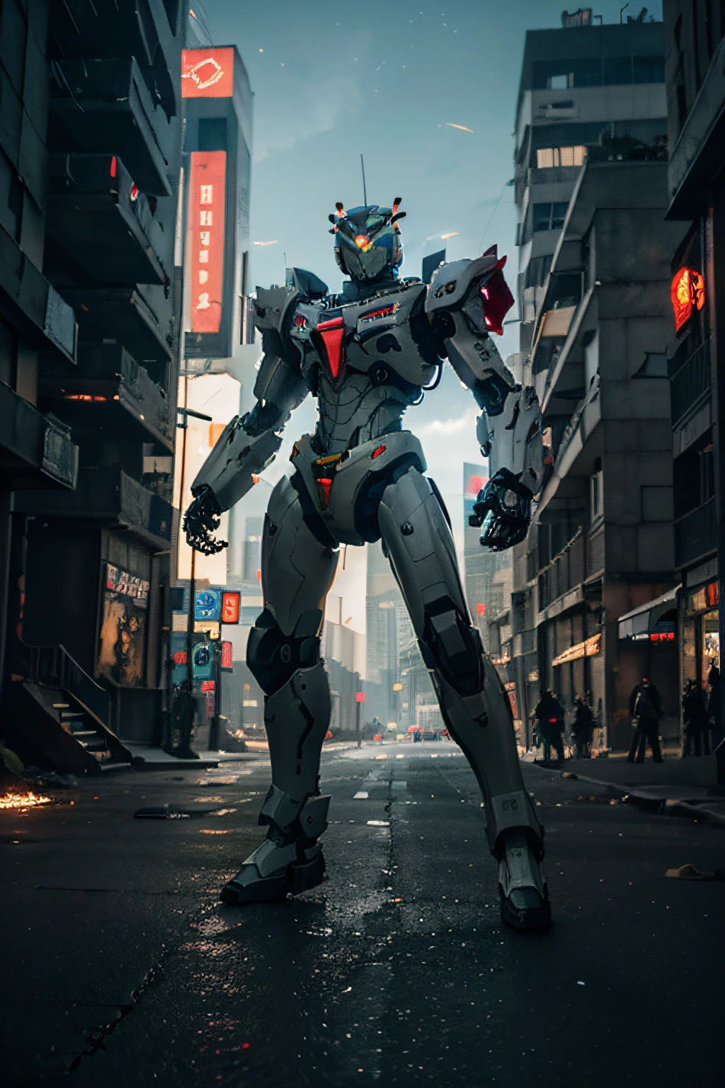 Barren planet, ruins, weapons in hand, no humans, glow, evangelion, buildings, glowing eyes, science fiction, city, reality, mecha, galactic background, neon, cyberpunk, dragon mech hovering around mech, unreal engine, UHD, super realistic, 4d, make a real life