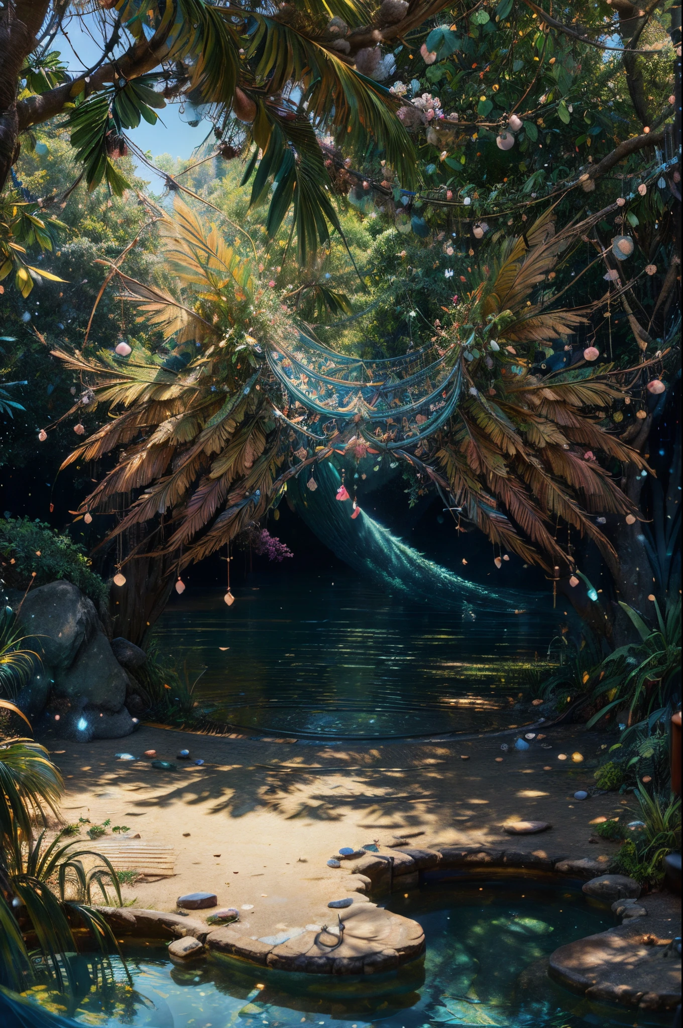 A masterpiece, of the best quality, (very detailed CG unified 8k wallpaper) (of the best quality), (best illustrations), (best shade) bright colours, jungle, aqua, natural beauty, oasis of tranquility , cherry tree, Blue sky ray tracing, Super detailed