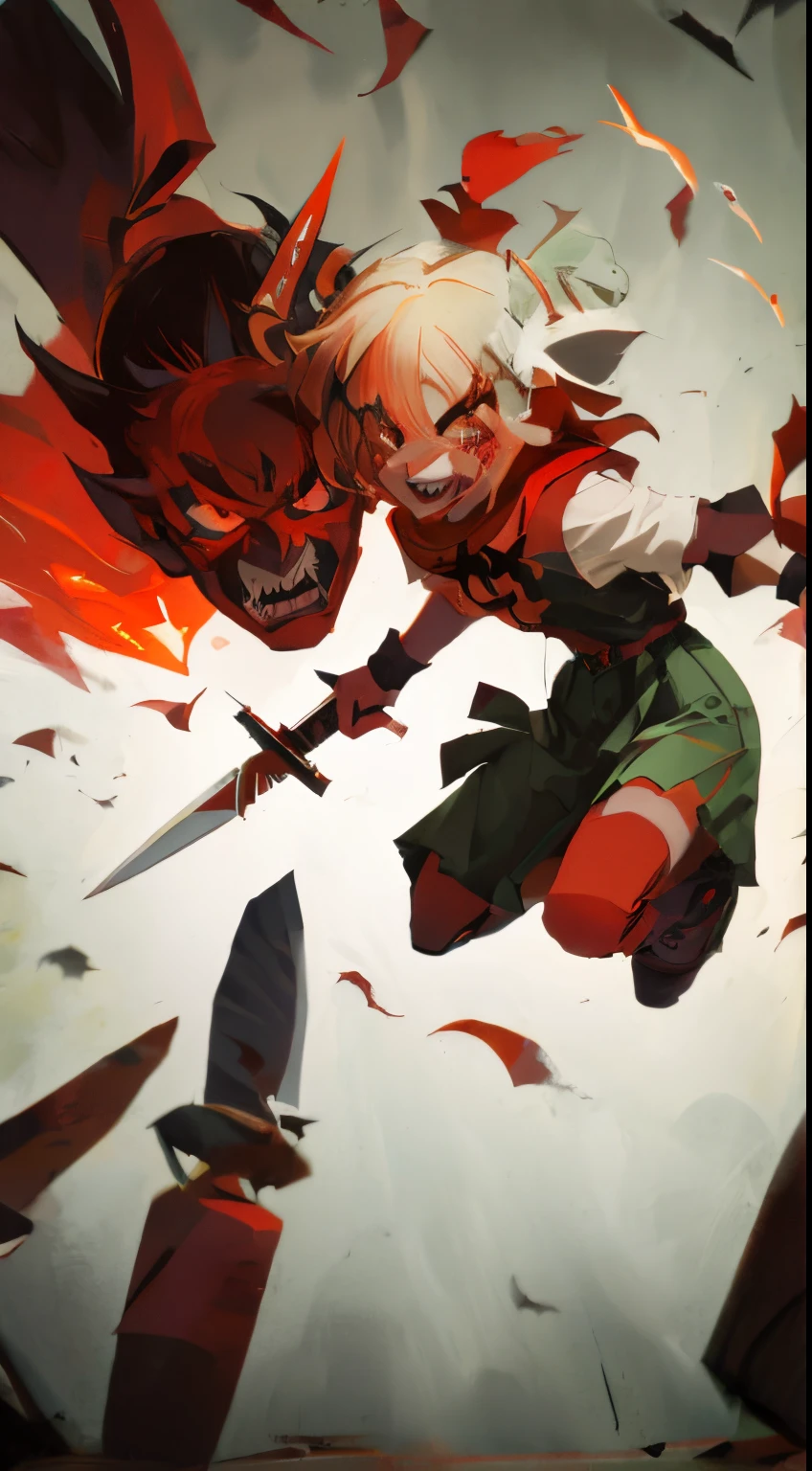 13-year-old girl, Wearing a devil's mask, Sprint forward and slash, anime figure,With faces of demons and demons,Fly in the air, demon slayer artstyle, in a dark room