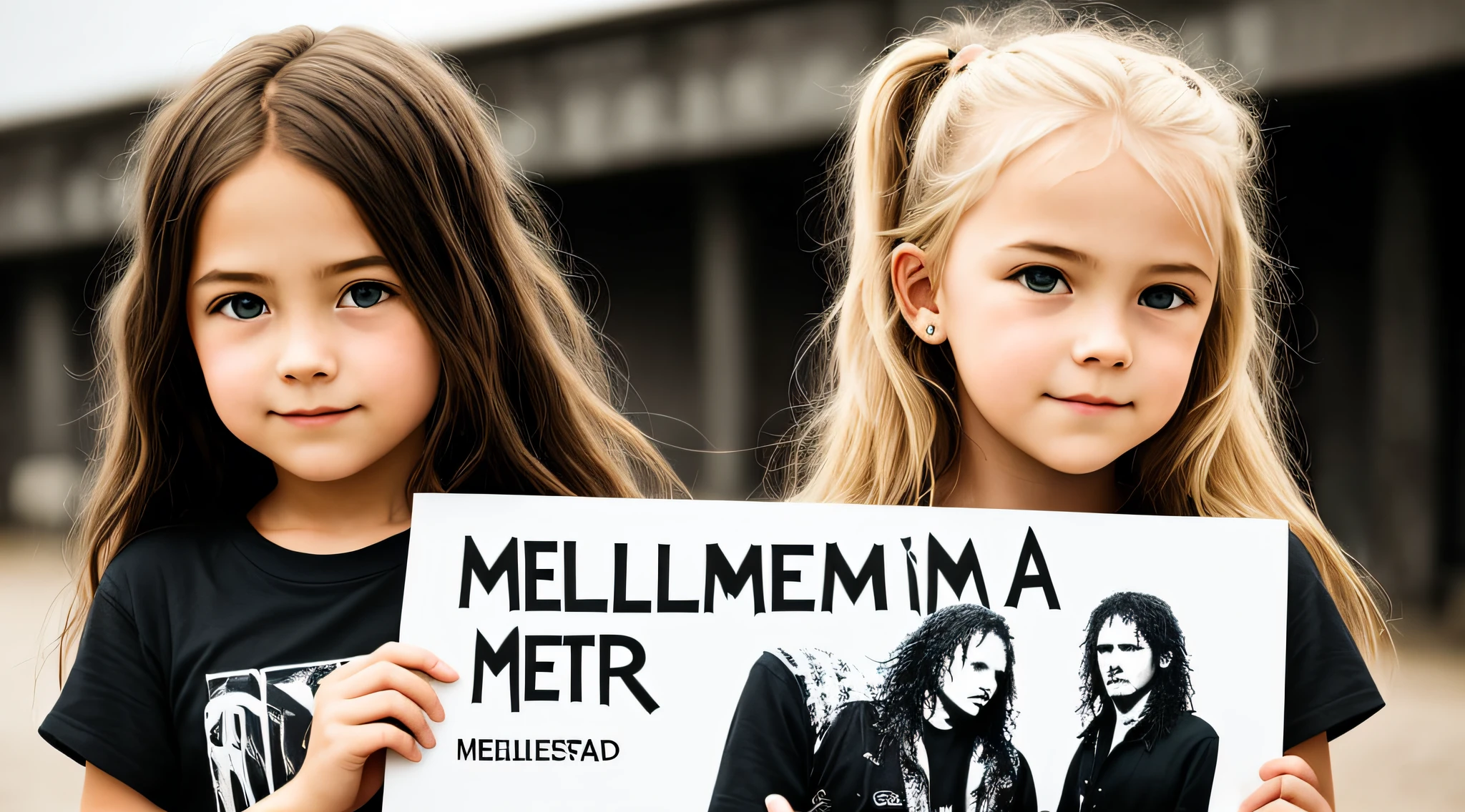 blonde  girl long hair holding a sign that says Metallica, mestre de fantoches, metal pesado!, [ metal ], Michael, muito feliz!, arte magistral, com um brilhante, metal head, feito de metal, metal pesado, completely metallic, he is a rockstar, obra-prima obra de arte.