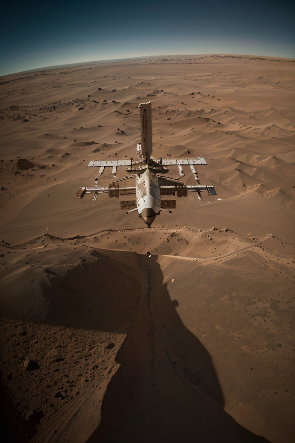 In the sky above Mars, the high-tech aircraft is docking with the space station. The metal texture is strong. The ultra-wide-angle lens makes the picture bright and realistic. The photography effect is