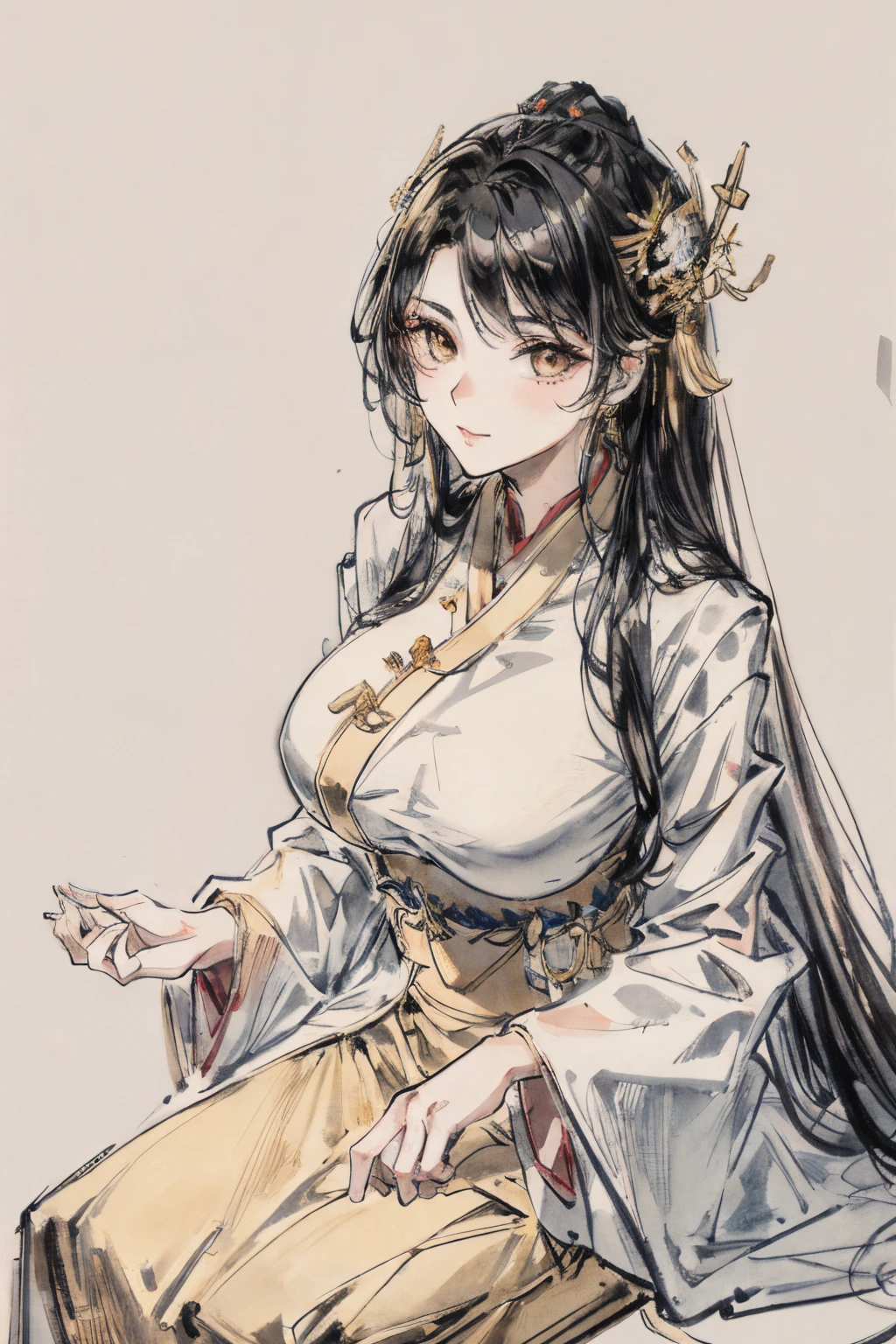 (tmasterpiece),((A high resolution)), ( ((top-quality)), ((super-fine)), ((Ultra Fine CG)),A woman who is,(huge boob:2),,(Perfect curves),(Jet black hair),Married Woman,Mature faces,(Golden Hanfu:1.2),(Small belt:1.3),Golden pupils,gold eye shadow,A happy look