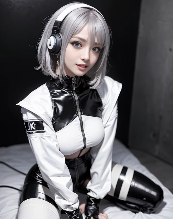 Masterpiece, 8K, award-winning photos, photorealistic, realistic, ultra detailed, ultra high definition, ray tracung, gal.safetensors, 
///human 
1girl, the most beautiful, 20 years old , (sexy, Japanese idol), (gray hair:1.2), short hair, 
///human Detail 
Shiny skin , detailed skin , beautiful detailed face , beautiful detailed eyes , beautiful teeth, 
/// face Detail
BREAK (Double eyelid, droopy eyes), (blue eyes:1.3), (smile, teeth:1.3), mole under eye, Natural makeup, natural lip, light color large breasts, slender waist, toned thighs, toned arms, tan skin,
 ///pose Composition 
BREAK (full body:1.4), sitting, (from below:1.2), looking back, 
///background 
BREAK (black theme:1.2), Inorganic concrete studio with window, Blury background, highly detailed background, 
///fashion 
BREAK (black and White theme:1.4), (cyberpunk fashion:1.2), (wear a fluorescent White oversized open military-jacket over a black latex catsuit:1.4), (open jacket:1.3), (numerous tubes extend from a futuristic headset with parts that glow White light:1.3),
BREAK (glow White Geometric-pattern on black fullsuit:1.3), (Electronic circuit pattern that emit illumination light:1.3), ((Electronic circuit embedded, multilayer armor plates) with fluorescent yellow oversized open military-jacket:1.3), (black Harness:1.3), ((barcode, logo, text):1.2), (fluorescent White ski-boots:1.1), ((black military-gloves, knee pads):1.2),
///Quality of finishing 
ultra-realistic textures, raw photo,