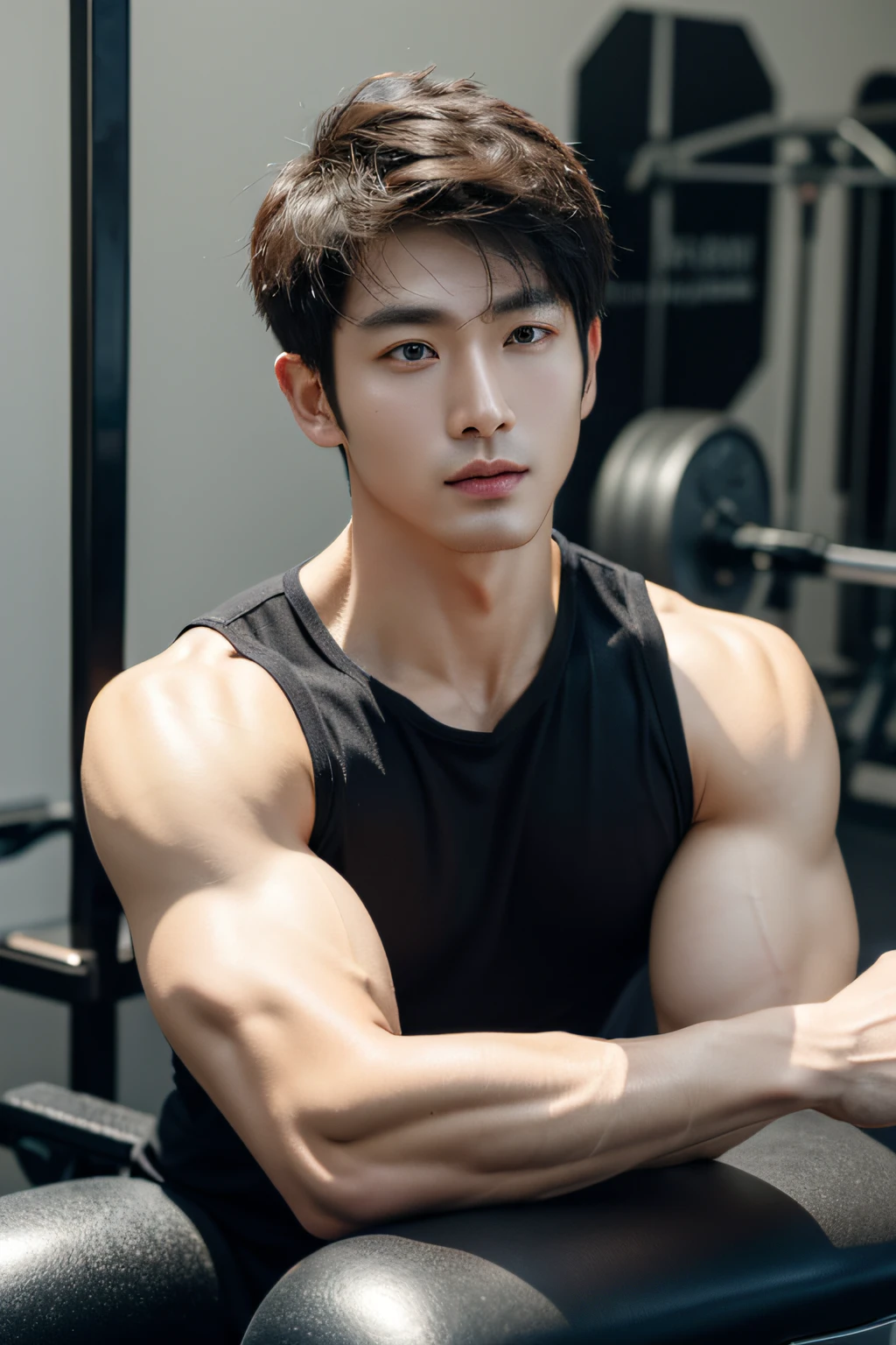 Korean male, Inspired by Peng Yuyan, 38yr, 36 years old, mature korean face, 35yo, Korean muscular man 37 years old，Background gym dumbbells