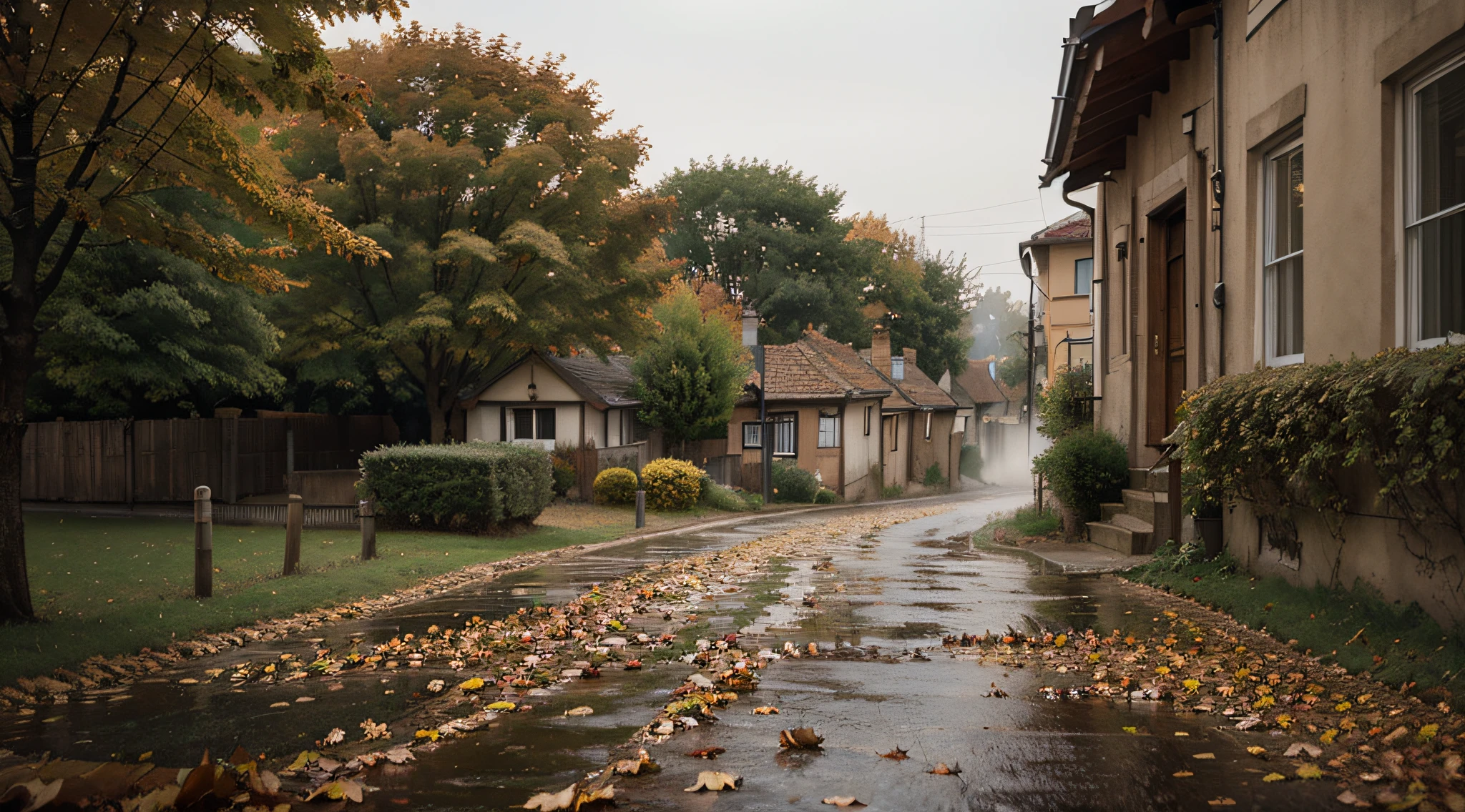 brown leaves, autumn colors, Central European style street, with houses on either side with trees, with windows with a lot of leaves on the ground, autumn night, realistic photo of a town, autumn lights, autumn rain turkel, misty night, foggy night, rainy evening, quiet street, foggy photo 8k, beautiful realistic photo, hyperrealistic fall, autumn lights colors, narrow street