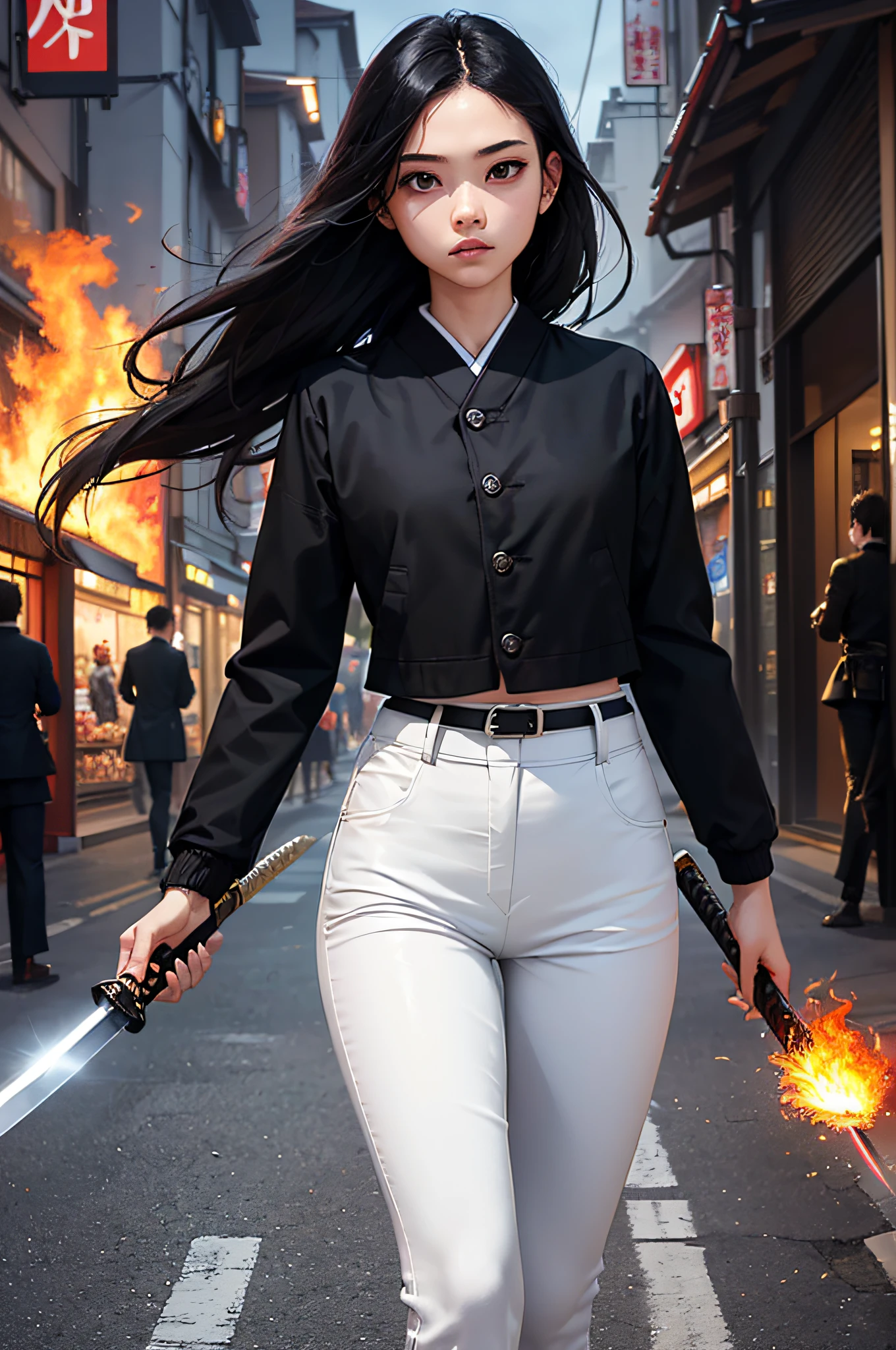 top-quality、Top image quality、masterpiece、hiquality、Beautiful Art、masutepiece、visualart、depth of fields、femele(( student、A slender、Black jacket、White pants、Medium bust、fire lasers from the eyes、Japanese Katana Sword、Long Black Hair)),Background with((shopping street、battle field、)),