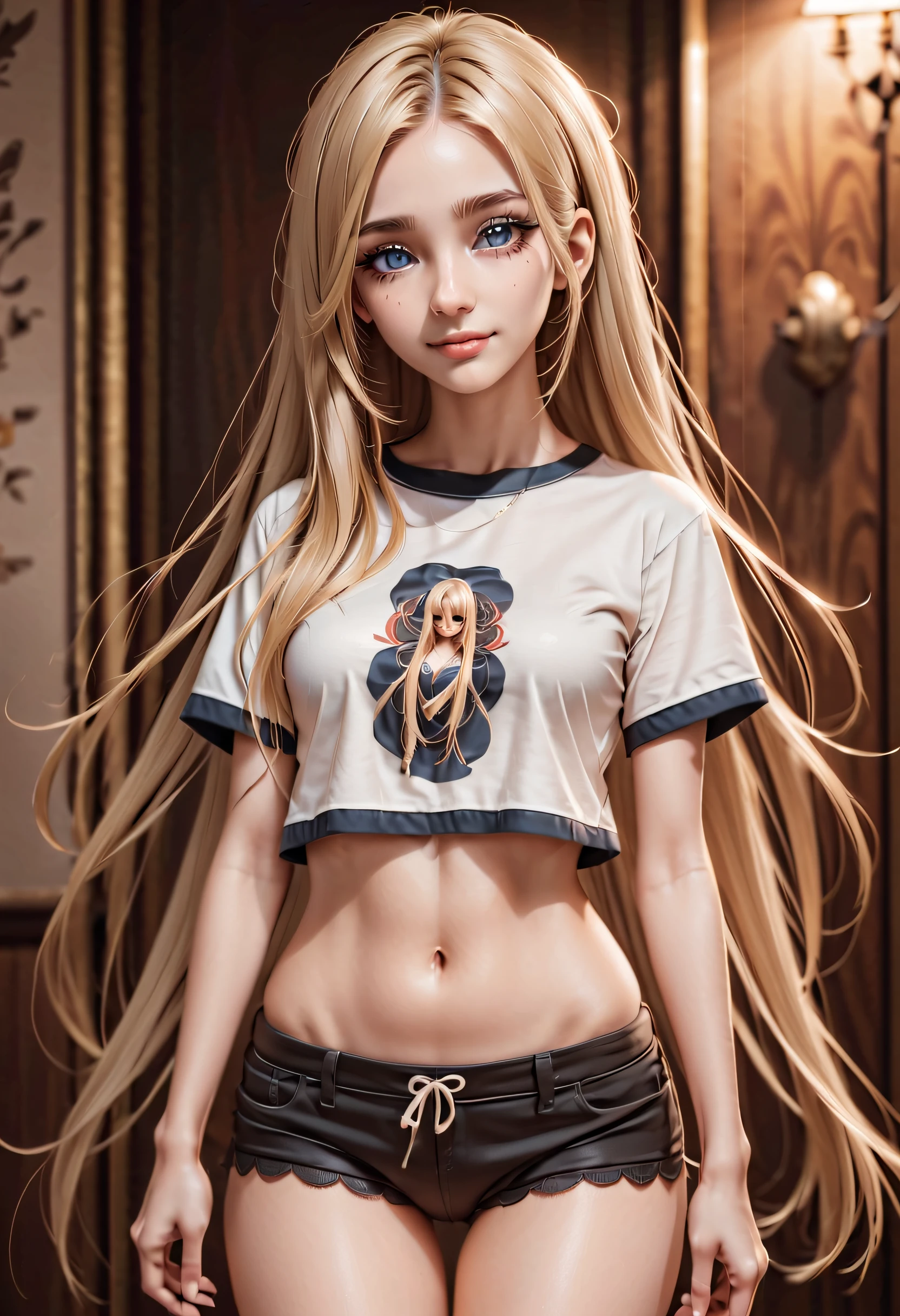 young cute anime girl, no pants, extra-long t-shirt, no bottoms, slender legs, high res, blonde hair, intricate details, long eyelashes, straight hair, long hair, beautiful, happy, smiling, joyful, beautiful face, perfect face, perfect eyes, beautiful eyes, very detailed eyes,