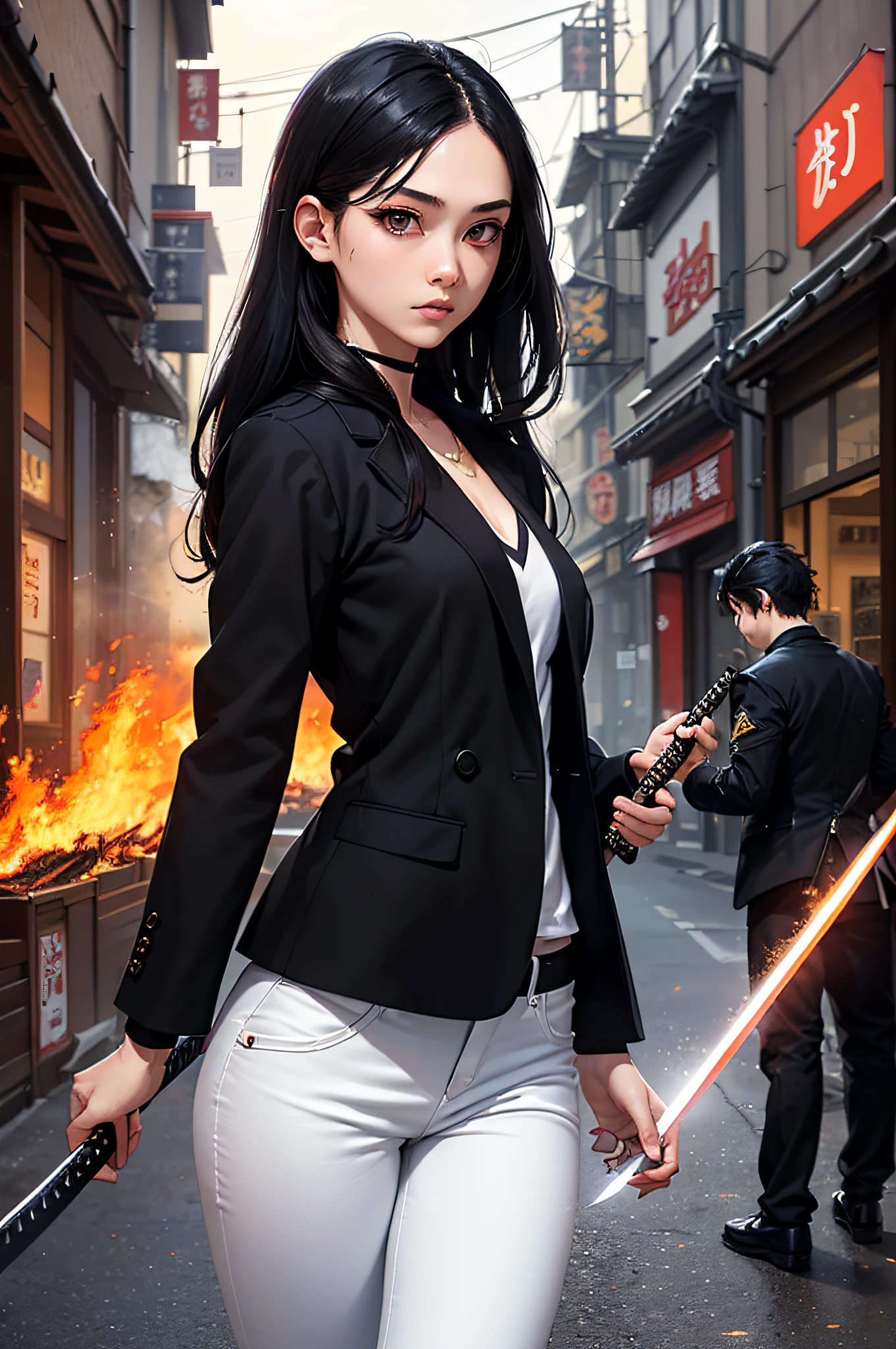 top-quality、Top image quality、masterpiece、hiquality、Beautiful Art、masutepiece、visualart、depth of fields、femele((15yo student、A slender、Black jacket、White pants、Medium bust、fire lasers from the eyes、Japanese Katana Sword、Long Black Hair)),Background with((shopping street、battle field、)),