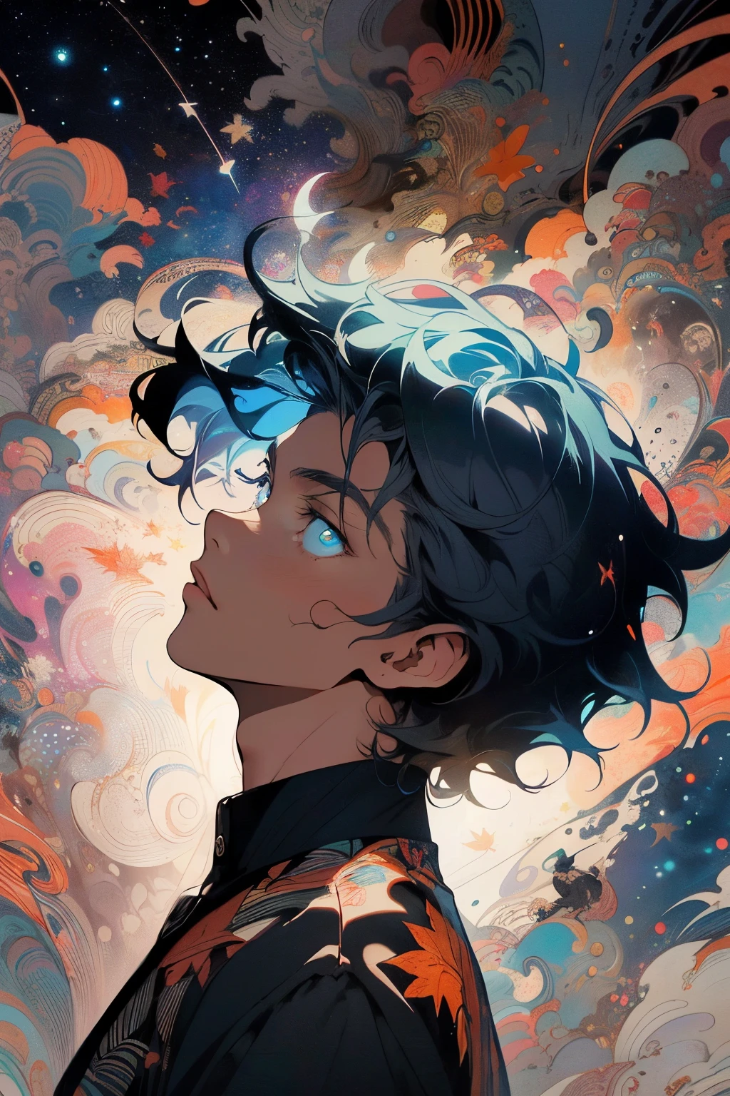 Realistic, (Masterpiece, Top Quality, Best Quality, Official Art, Beauty and Aesthetics: 1.2), Very Detailed, Fractal Art, Colorful, Most Detailed, Zentangle, (Abstract Background: 1.5) (1boy: 1.3), God, Black Hair, Short Hair, (Glowing Blue Eyes), Mysterious, Starry Sky, Handsome Man, (((Maple Leaf))))