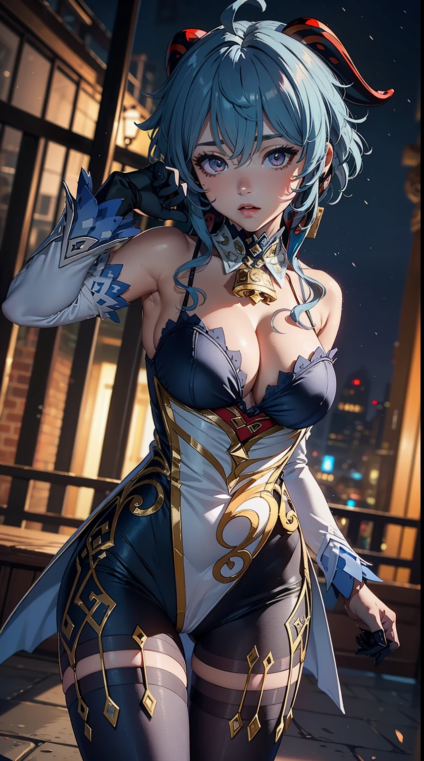 Solo, ((masterpiece)),(best quality),((ultra detailed)), (( blurry night background)), (dynamic angle),((beautiful detailed eyes), ((dynamic pose)), pretty face, ((sexy, cleavage)),((ganyudef))