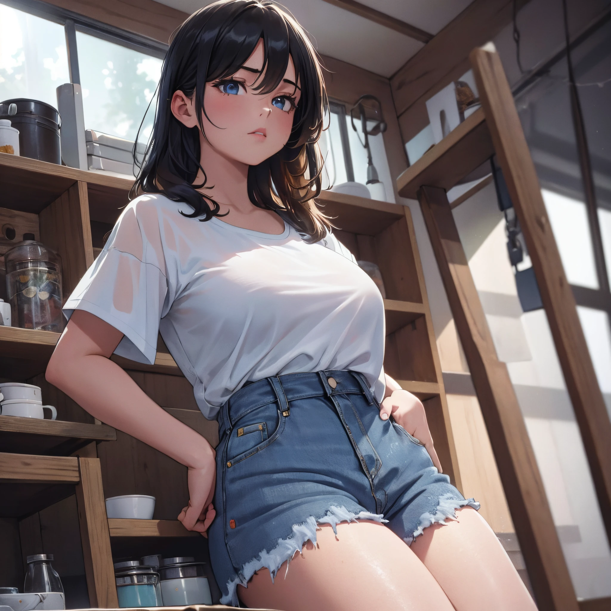 (RAW photo, 4k, masterpiece, high resolution, extremely complex) (realistic: 1.4), cinematic lighting, 1 Girl, Solo Focus, Summer Noon, Hot, 1990s (Style), Denim Lens, Indoor, Short Sleeve T-shirt