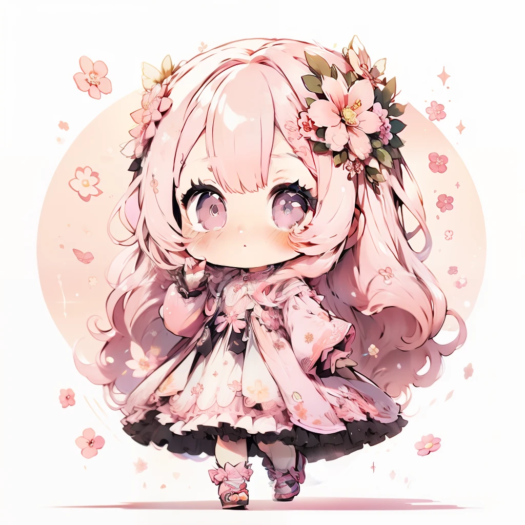 A pretty chibi girl with long pink hair, morning vision, looking at flowers,  sparkling simple make up,  high quality pictures, wearing a flowery dress