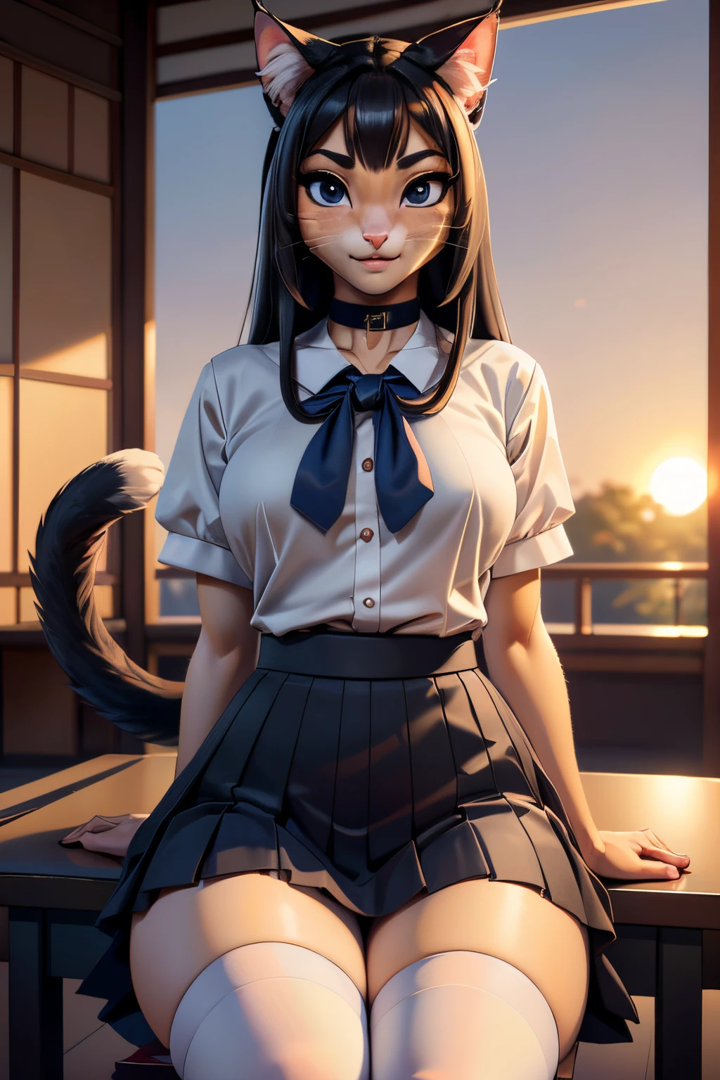 ((ultra quality)), ((tmasterpiece)), Girl-khajiit, Japanese school girl, anthro cat, furry, ((Black long hair)), ((there are only cat ears)), ((There is a cat's long tail in the back)), Beautiful cute face, beautiful female lips, charming beauty, ((Kind expression on his face)), looks at the camera with his eyes slightly closed, ((Skin color: white)), ((there is cat hair on the body)), Body glare, ((detailed beautiful female eyes)), ((kblack eyes)), beautiful female hands, ((perfect female figure)), ideal female body shapes, Beautiful waist, big thighs, Beautiful butt, ((Subtle and beautiful)), sitting seductively at a desk ((closeup face)), ((Dressed in Japanese school uniform, dark blue skirt, dark blue knee socks, brown shoes, black choker around the neck), background: The Japanese School, Japanese School Class, beautiful sunset outside, ((Depth of field)), ((high quality clear image)), ((crisp details)), ((higly detailed)), Realistic, Professional Photo Session, ((Clear Focus)), ((cartoon)), the anime, NSFW