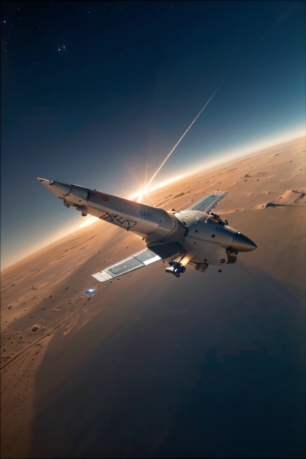 In the sky above Mars, the high-tech aircraft is docking with the space station. The metal texture is strong. The ultra-wide-angle lens makes the picture bright and realistic. The photography effect is