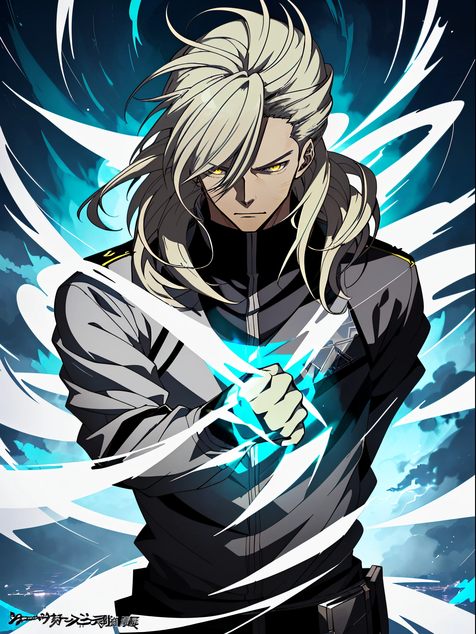 White long-haired anime character, yellow eyes before lightning，white  clothes， Detailed key animation art, Key anime art, Detailed anime character art, shadow poetry style, handsome guy in demon killer art, full art,  Very detailed official artwork, anime art style, offcial art, detailed anime art,