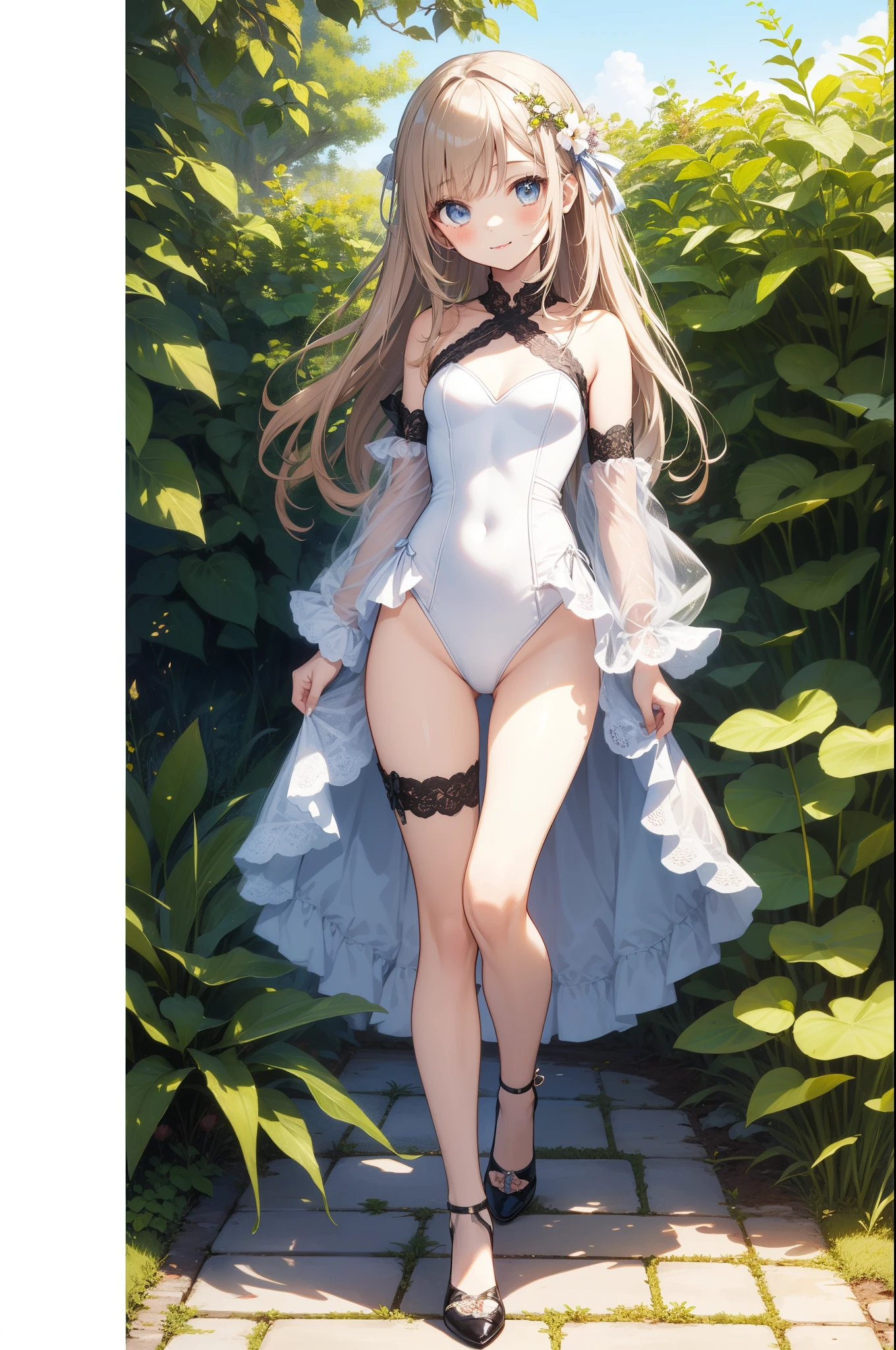 (((2D Beautiful Girl)))、Beautiful illustration、top-quality、Perfect fingertip、perfect anatomia、Perfect outfit、cute petit girl、(transform sequence)、((white leotard costume))、ar old、nder beautiful girl、Fractal Art、baby-fatrighng hair、beatiful detailed eyes、kindly smile、Full Body Display、(1 person)、Western-style garden、beautiful sunny garden、(Loleg)