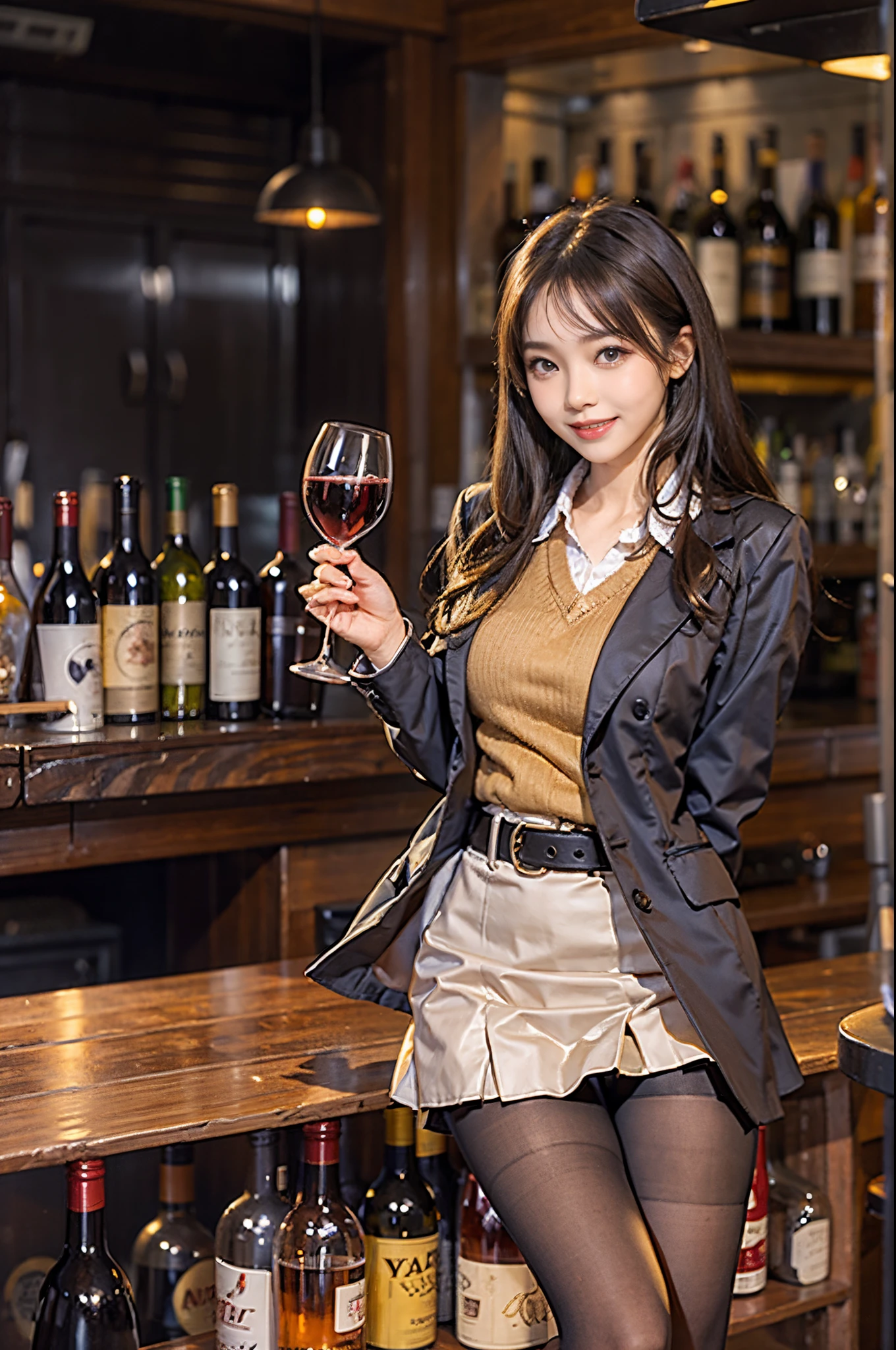 woman drinking wine at a bar、brunette disheveled hair:1.3、A smile、a miniskirt、pantyhose