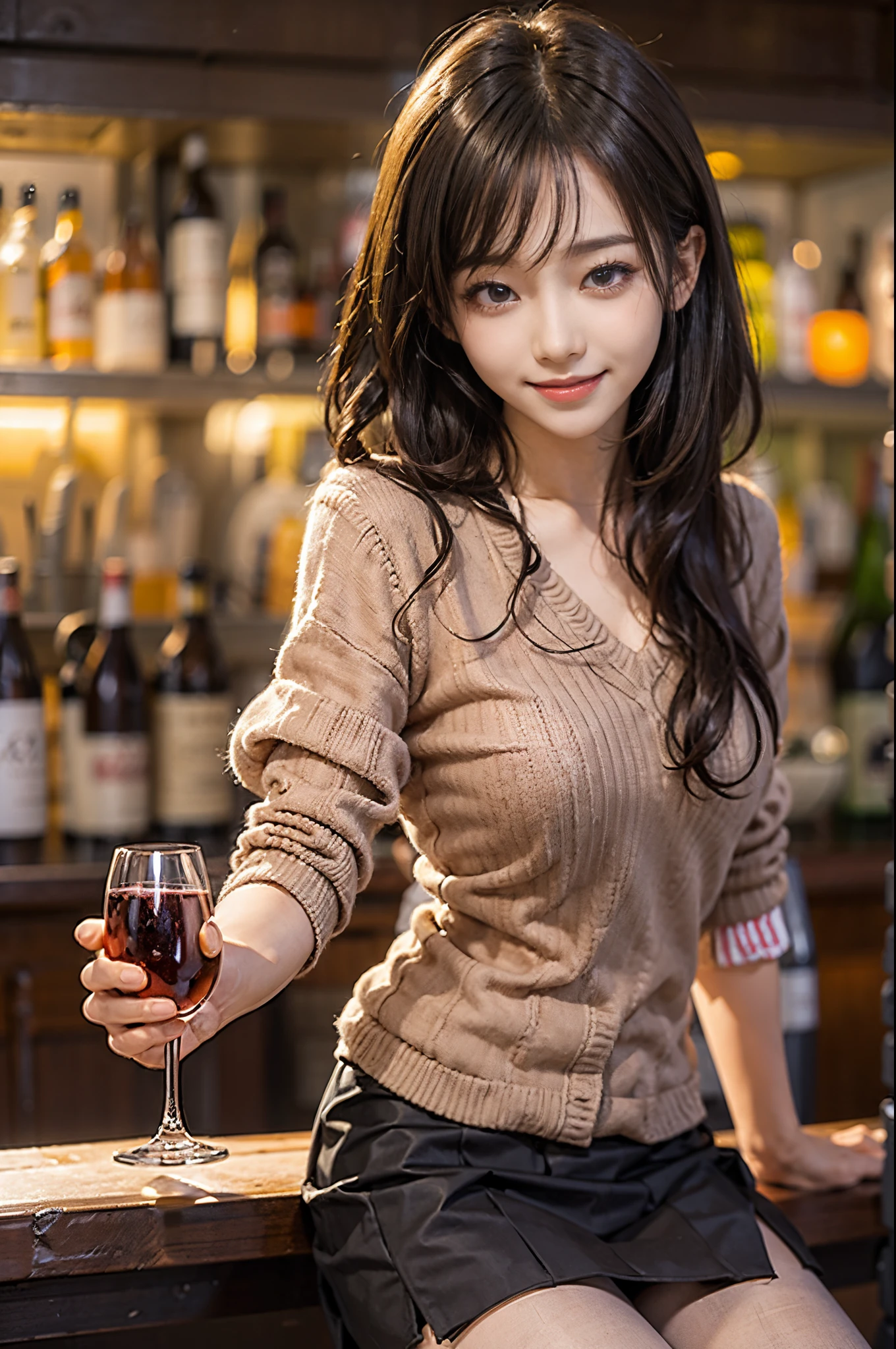 woman drinking wine at a bar、brunette disheveled hair:1.3、A smile、a miniskirt、pantyhose