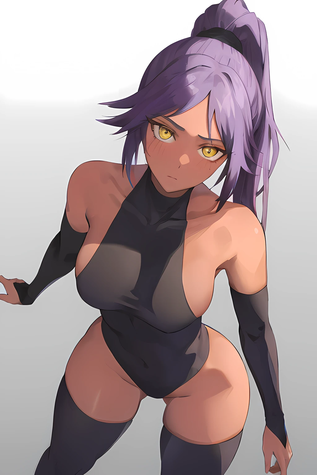 yoruichishihouin, yoruichi shihouin, long hair, (yellow eyes:1.5), ponytail, purple hair, dark skin, dark-skinned female, BREAK bodysuit, black bodysuit, bare arms, bare shoulders, BREAK outdoors, BREAK looking at viewer, (cowboy shot:1.5), BREAK (masterpiece:1.2), best quality, high resolution, unity 8k wallpaper, (illustration:0.8), (beautiful detailed eyes:1.6), extremely detailed face, perfect lighting, extremely detailed CG, (perfect hands, perfect anatomy)
