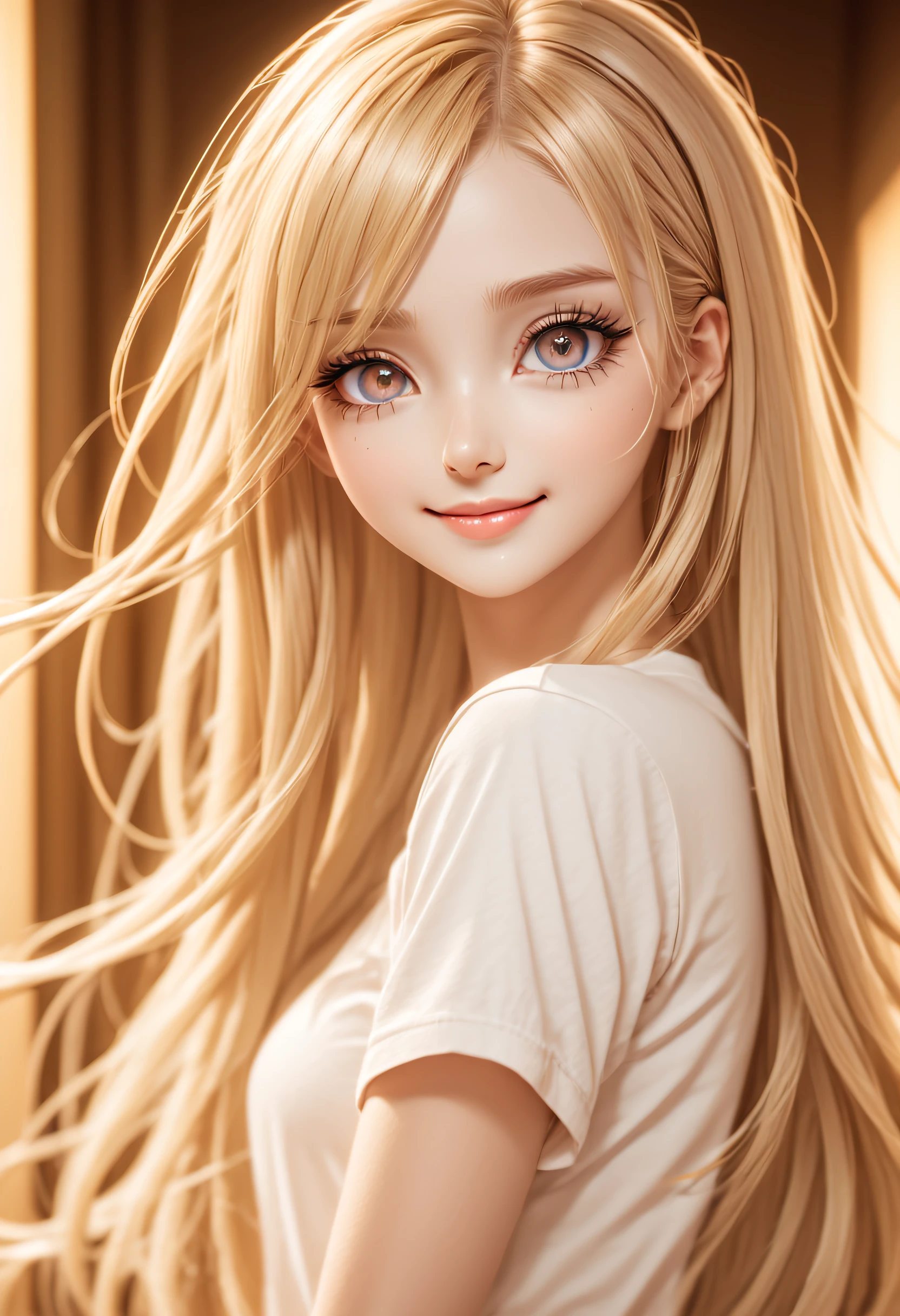 young cute anime girl, , extra-long t-shirt, no bottoms, slender legs, high res, blonde hair, intricate details, long eyelashes, straight hair, long hair, beautiful, happy, smiling, joyful, beautiful face, perfect face, perfect eyes, beautiful eyes, very detailed eyes,