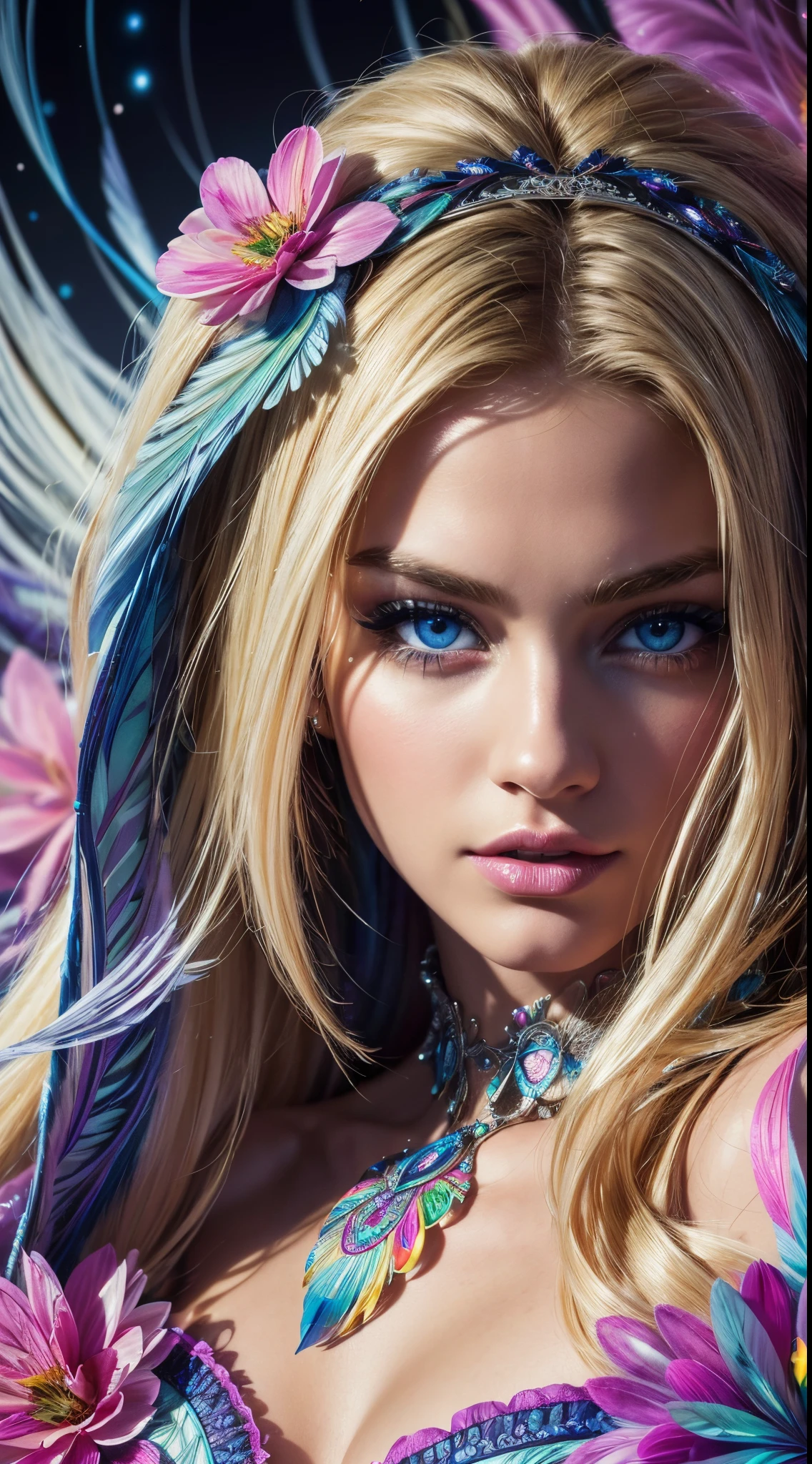 Masterpiece, Top Quality, Best Quality, Official Art, Beautiful and aesthetic:1.2), (1Girl:1.3), Extremely detailed,(fractal art:1.1)neons,(colourfull:1.1)neons(Flowers:1.3)neons,highest details,(zentangle:1.2)neons, (Dynamic Pose), (abstract background:1.3) neons, (sparkly skin), (many colors:1.4)neons, (feathered:1.5), neon lit, blonde hairs, Blonde hair, Blue Eyes, beautidful eyes, extremely detailed eyes and face, Beautiful detailed eyes, Ultra-detailed, light on the face, Fair skin