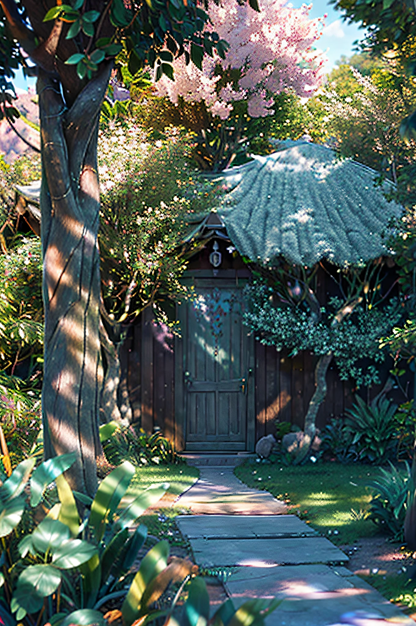 A masterpiece, of the best quality, (very detailed CG unified 8k wallpaper) (of the best quality), (best illustrations), (best shade) bright colours, jungle, aqua, natural beauty, oasis of tranquility , cherry tree, Blue sky ray tracing, Super detailed
