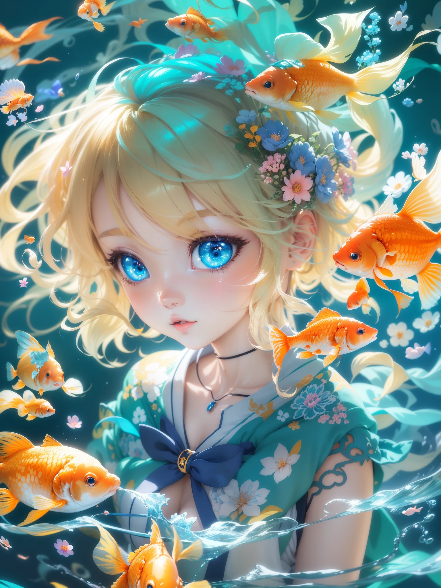 (blue-eyed girl, blonde hair, floating goldfish in the air), (cute and intricate digital art), (detailed digital anime art), (Japanese anime fantasy illustration), (a beautiful art illustration), (anime art wallpaper in 4k), (anime art wallpaper in 8k), (popular topics on ArtStation and Pixiv), (anime fantasy art piece), (beautiful anime art piece), (digital art on Pixiv)