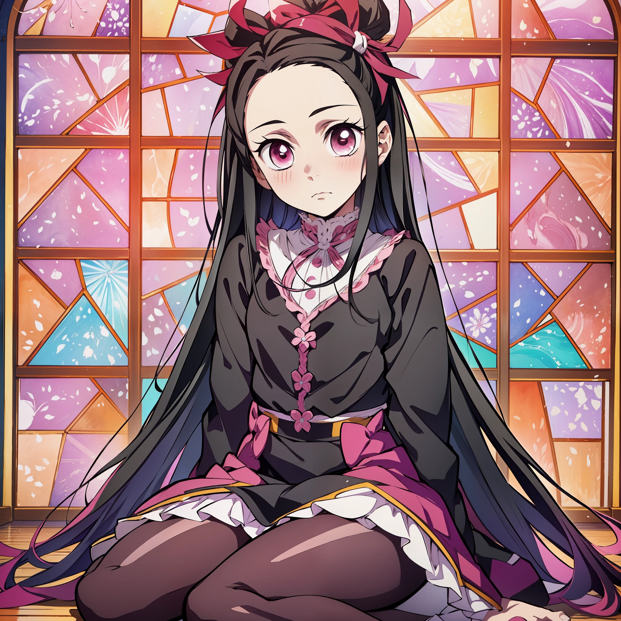 (masutepiece, Best Quality:1.2), kimetsu no yaiba style, Kamado Nezuko, (1girl in, Solo), Full body, sweet lolita costume, (Black Long Hair, Hair Ribbon, Forehead), Pink eyes, Black pantyhose, Sitting on the floor, Embarrassed expression, BREAK Very elaborate church stained glass