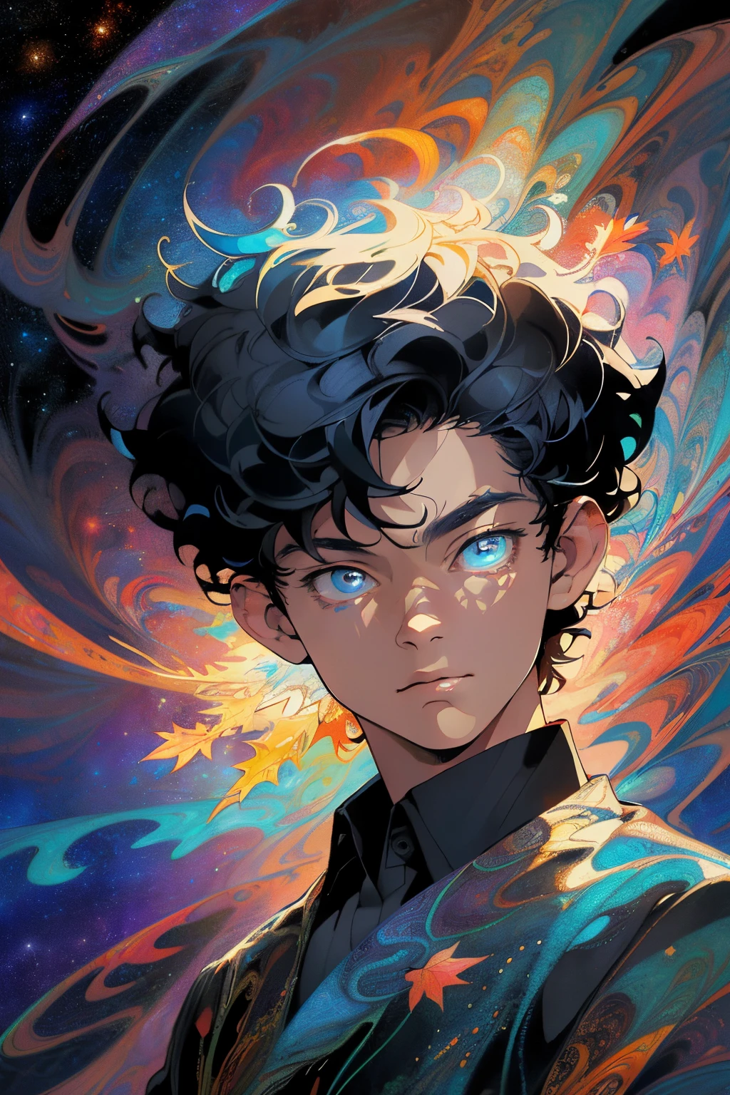 Realistic, (Masterpiece, Top Quality, Best Quality, Official Art, Beauty and Aesthetics: 1.2), Very Detailed, Fractal Art, Colorful, Most Detailed, Zentangle, (Abstract Background: 1.5) (1boy: 1.3), God, Black Hair, Short Hair, (Glowing Blue Eyes), Mysterious, Starry Sky, Handsome Man, (((Maple Leaf))))