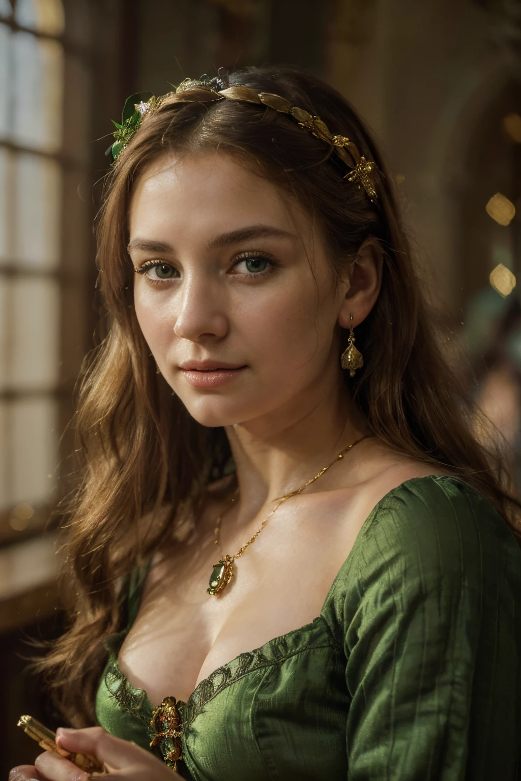 (best quality,4k,8k,highres,masterpiece:1.2), ultra-detailed, (realistic,photorealistic,photo-realistic:1.37), medieval Lady, 16th century oil painting, green dress, detailed eyes,lips and facial features, elegant pose, intricate background, ornate jewelry, golden hair, noble aura, gentle smile, historic atmosphere, soft lighting, rich color palette