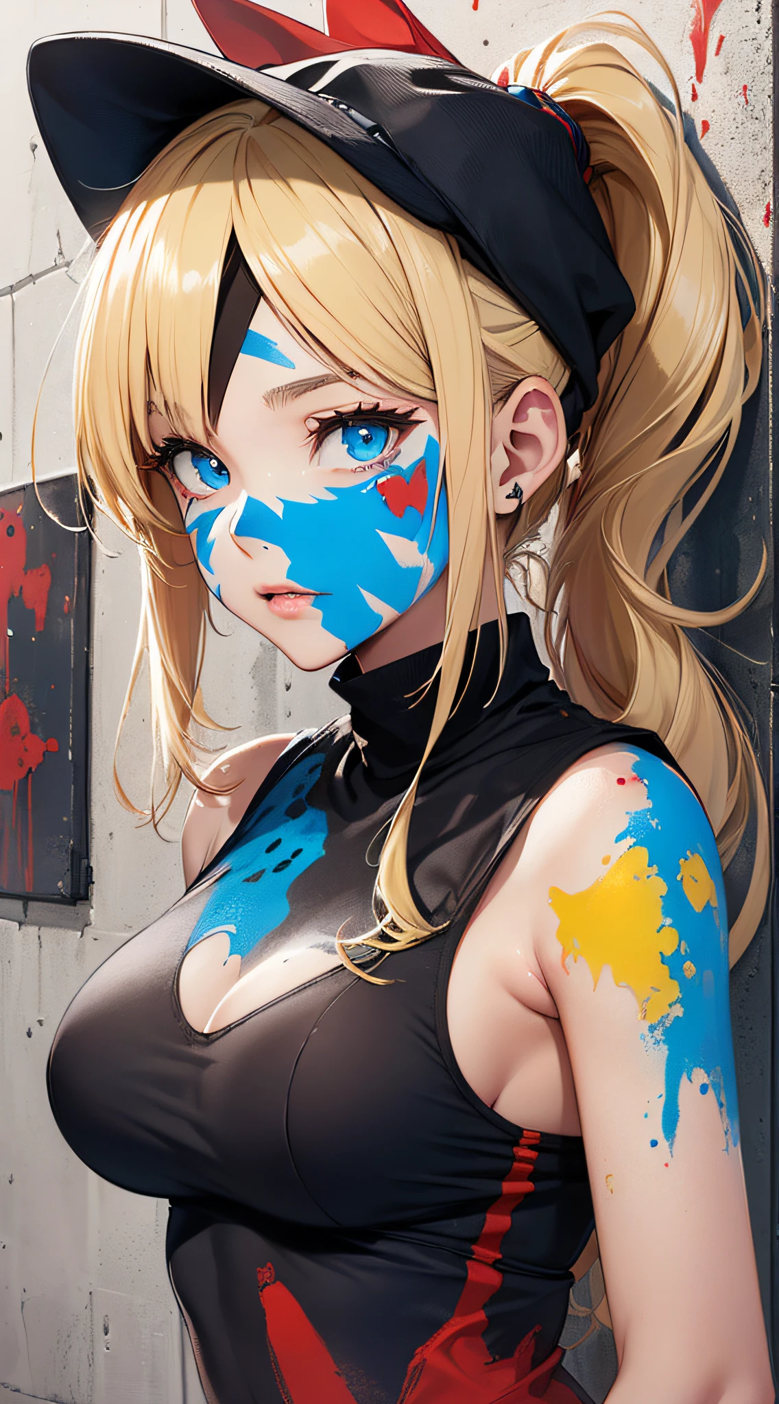 top-quality、Top image quality、​masterpiece、girl with((18year old、Best Bust、big bast,Beautiful blue eyes、Breasts wide open, Blonde ponytail、A slender,Large valleys、Black jersey、Sleeveless、Hachimaki、Red, black and blue face paint、sexypose、Seduction poses)),hiquality、Beautiful Art、Background with((omatsuri、Yellow paint、red paint、Blue paint、heart doodle)))、,masutepiece、visualart、depth of fields、