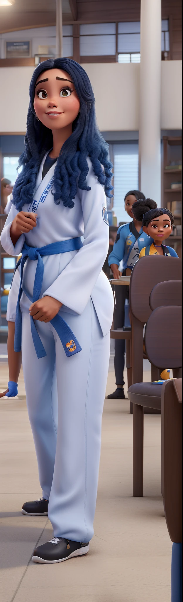 Criar a partir da foto uma mulher morena magra com cabelos cacheados de dobook de taekwondo branco usando uma faixa azul amarrada na cintura disney pixar