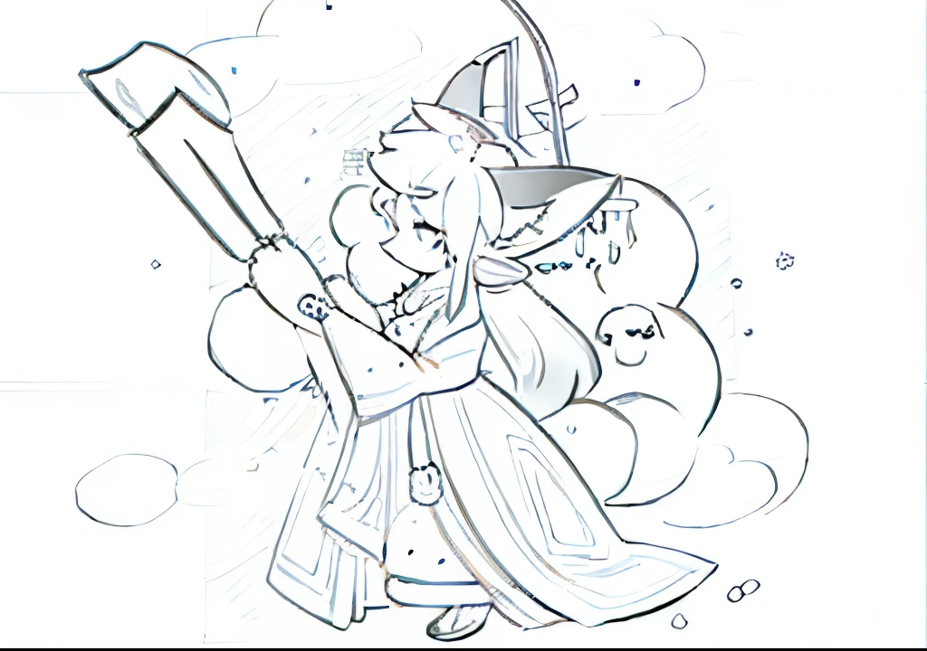 girl with ears on her head,Wearing ancient Chinese Hanfu, league of legend《tchibi》fox in, There are six tails behind,intense line art, clean linework, Very fine ink line drawing, A tanuki in League of Legends, stylized lines, Perfect lines, clean lineart, Simple lines of art, ahri, pixie character, Line art coloring page, line art,(Side view)