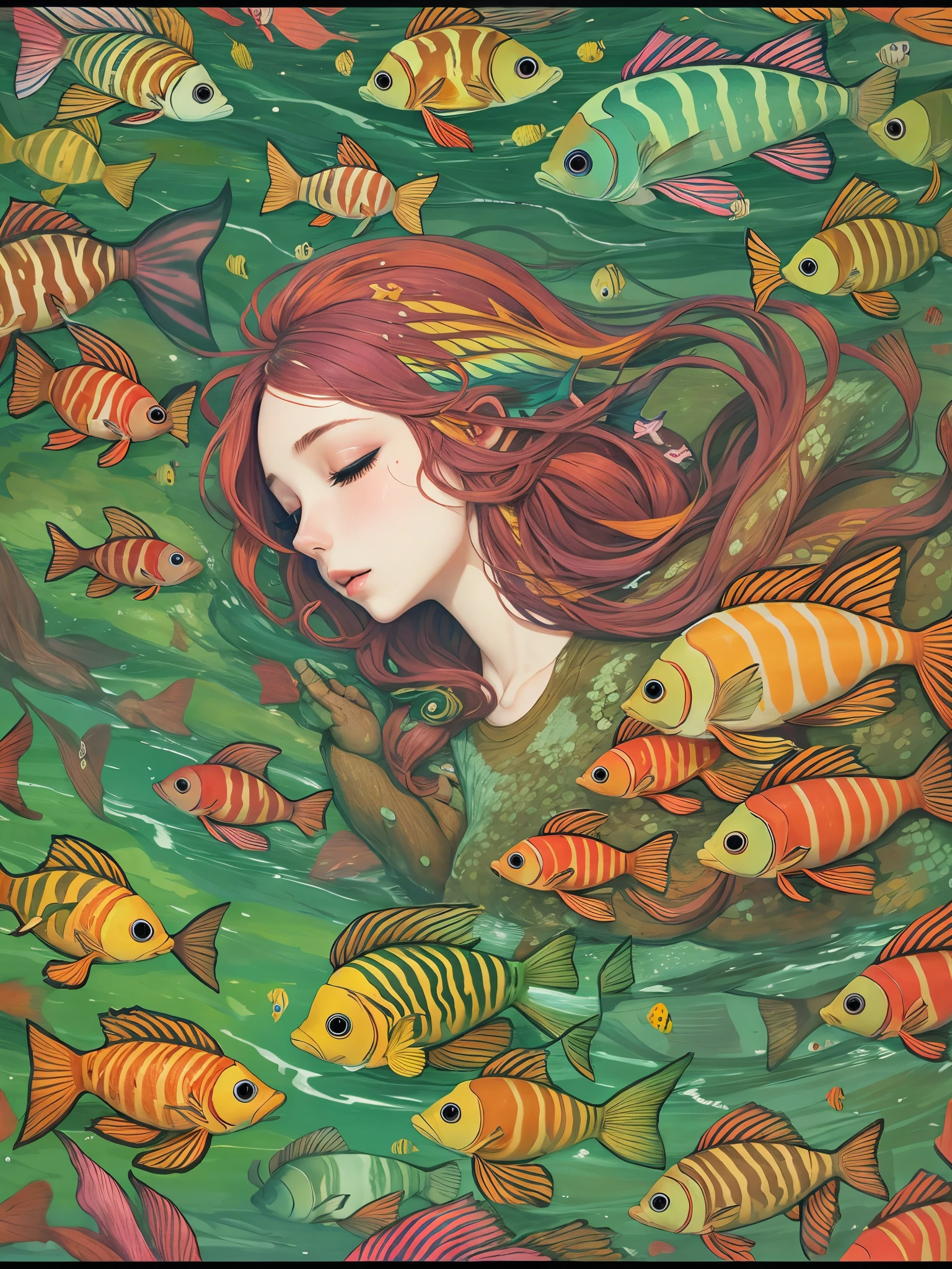Colorful fish swim in the hair, Peaceful and dreamy atmosphere, Enjoyable interaction with fish, Whimsical and imaginative themes,