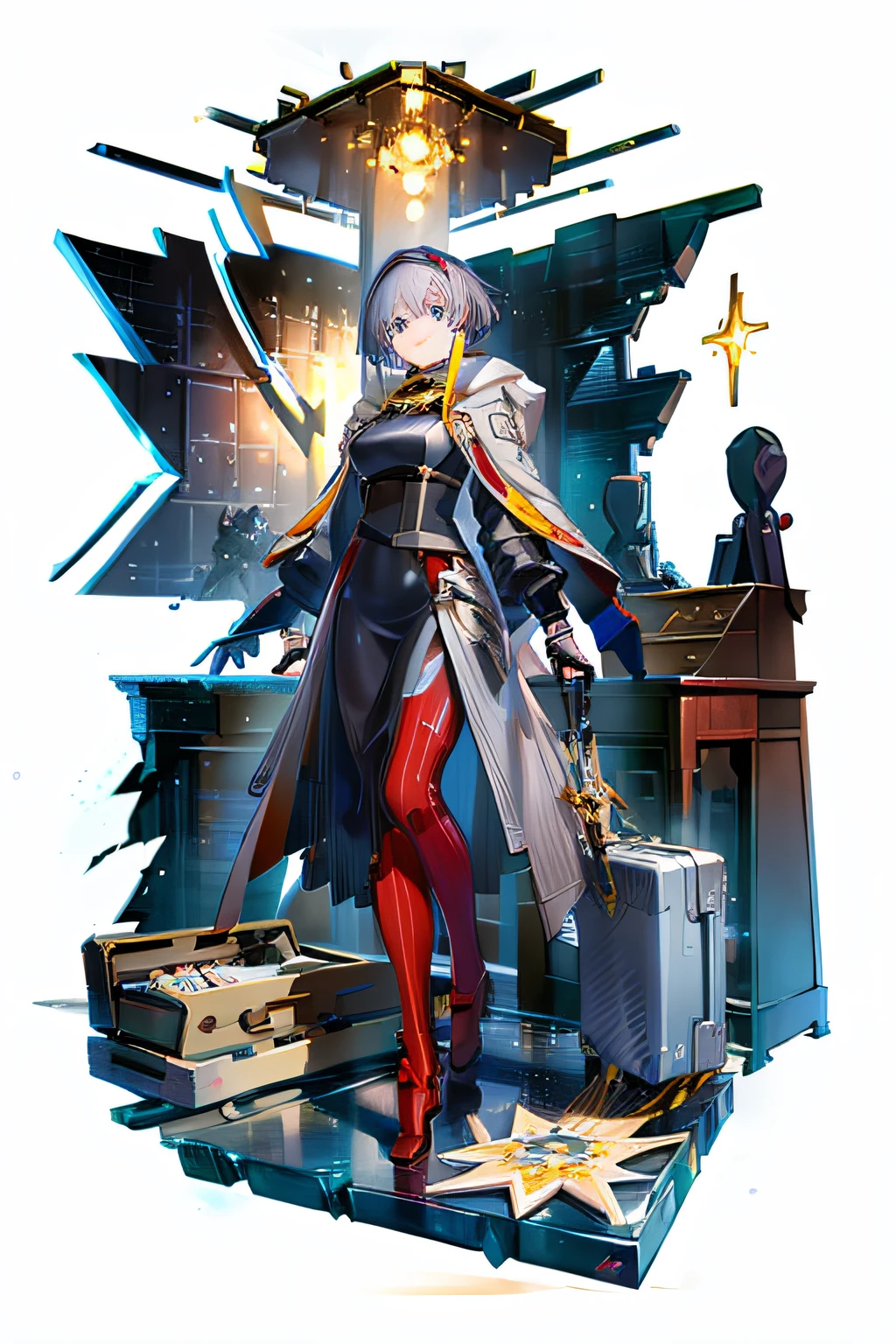 [(white background:1.5), ::2]1girl, tall, full body, big breasts, silver hair, short hair, tight space suit, long skirt, red tights, red boots, high heels, magical dress, big puff sleeves, confident pose, girl holding a suitcase, blue eyes, theatre decorations, smile, blue toned clothing, bright red tones, solo, mid shot, full body, spaceship, starry night, sci-fi interior, yellow light trails, milky way, small golden liquid splashes, galaxy on the background, big window, stars, bright light, (masterpiece:1.5), (best quality:1.2), (beautiful background:1.3), detailed background, detailed beautiful face, (rain:0,6)