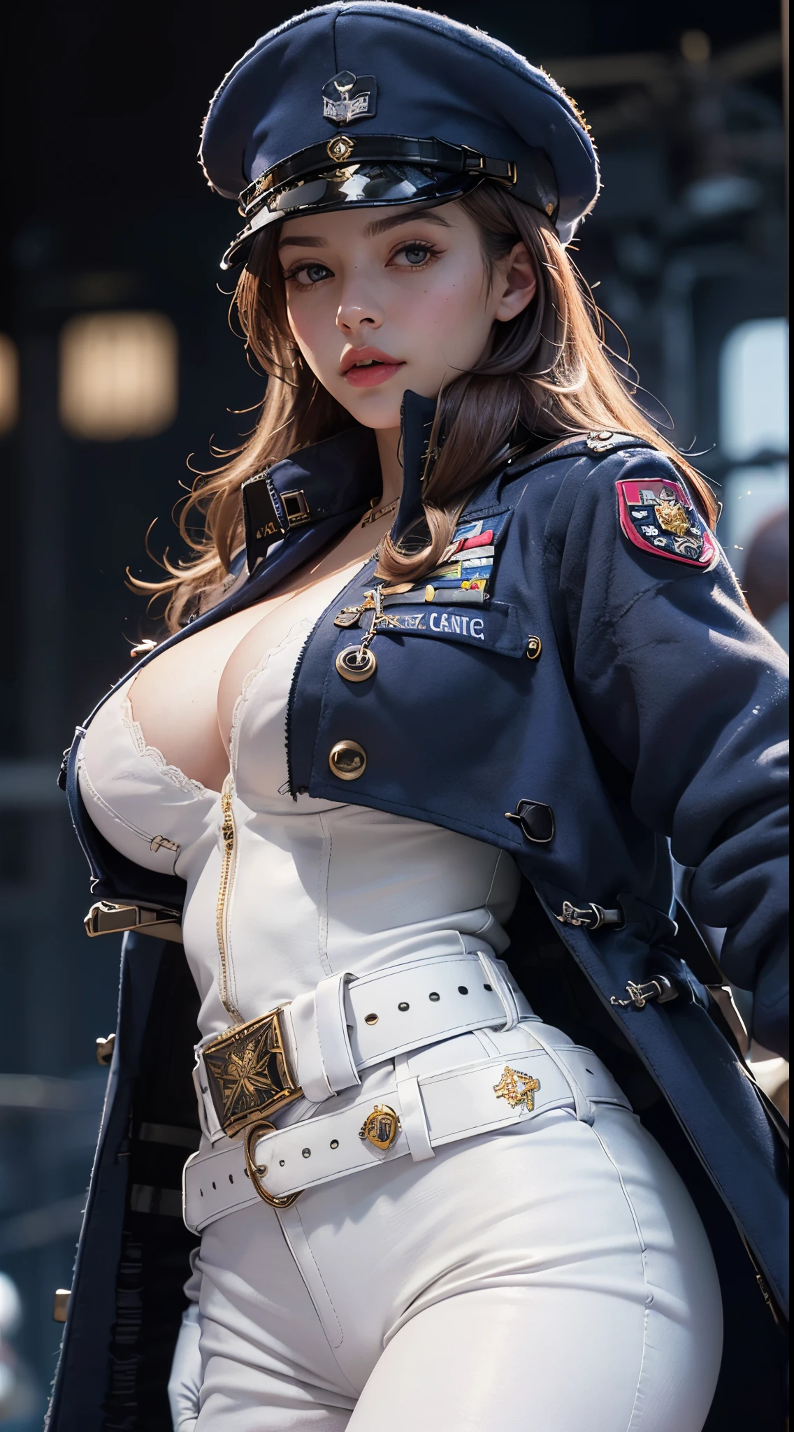 (best quality, 4k, 8k, high-res, masterpiece:1.2), ultra-detailed, (realistic, photorealistic, photo-realistic:1.37), (beautiful detailed eyes, beautiful detailed lips, extremely detailed eyes and face), studio lighting, physically-based rendering, vivid colors, (big tits, super big tits, super extra big tits), (navy uniform coat, hat, rank insignia, belt, white gloves:1.5), (portrait, shiny hair, shiny skin), (blurred background:1.37), (aircraft carrier cockpit:1.5),