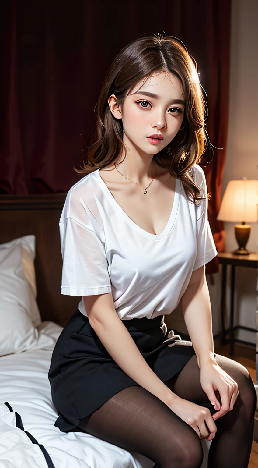 (1womanl), Beautiful, seducting smile, (Best Quality:1.4), (Ultra-detailed), (extremely detailed CG unified 8k wallpaper), Highly detailed, High-definition raw color photos, Professional Photography, Amazing face and eyes, makeup, (tempting look), (amazingly beautiful girl), ((Sukesuke ultra-thin white blouse:1.3)), ((Wearing small bold panties)), (Business shirt with wide open chest), (Spread your legs), ((Wear ultra-realistic pantyhose)), (:1.3), insertion, Seductive, (dim bedroom:1.3), candle, (View from below)