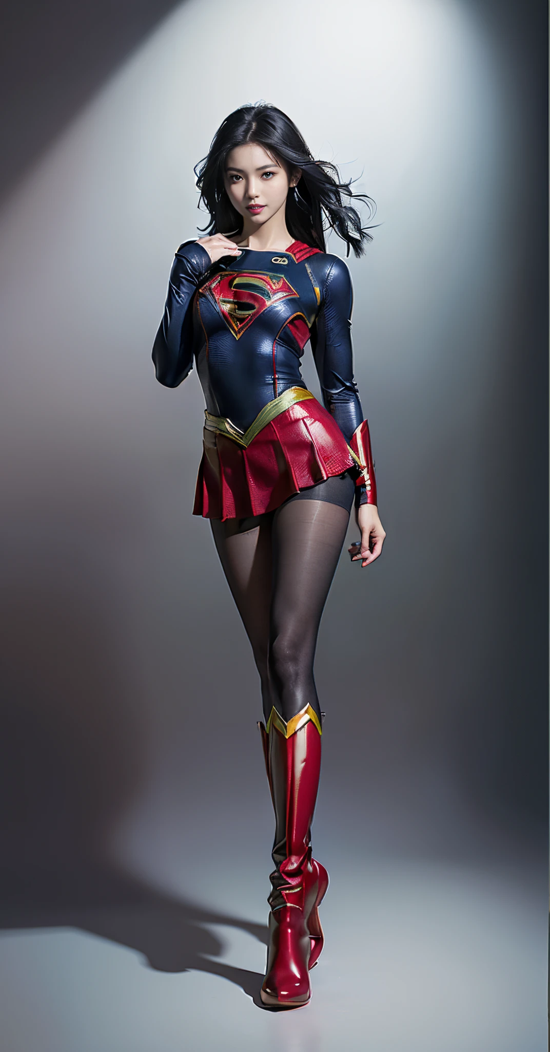 Asian Beautiful Girl、Painful look、(((Wear black tights on your beautiful legs.)))、(((beauty legs)))、(((facial expression of smile)))、((((Make the most of the original image)))、(((Supergirl Costume)))、(((a short bob、beautiful hairl)))、(((Suffering)))、(((Feet must necessarily be worn with black tights)))、(((You need to wear red boots)))、((Top image quality、8K))、((top-quality、8K、masterpiece:1.3))、(((Keep your background simple)))、Crisp focus:1.2、Beautiful woman with perfect body shape:1.4、Slender Abs:1.2、a wet body:1.5、Highly detailed facial and skin texture、8K、beauty legs