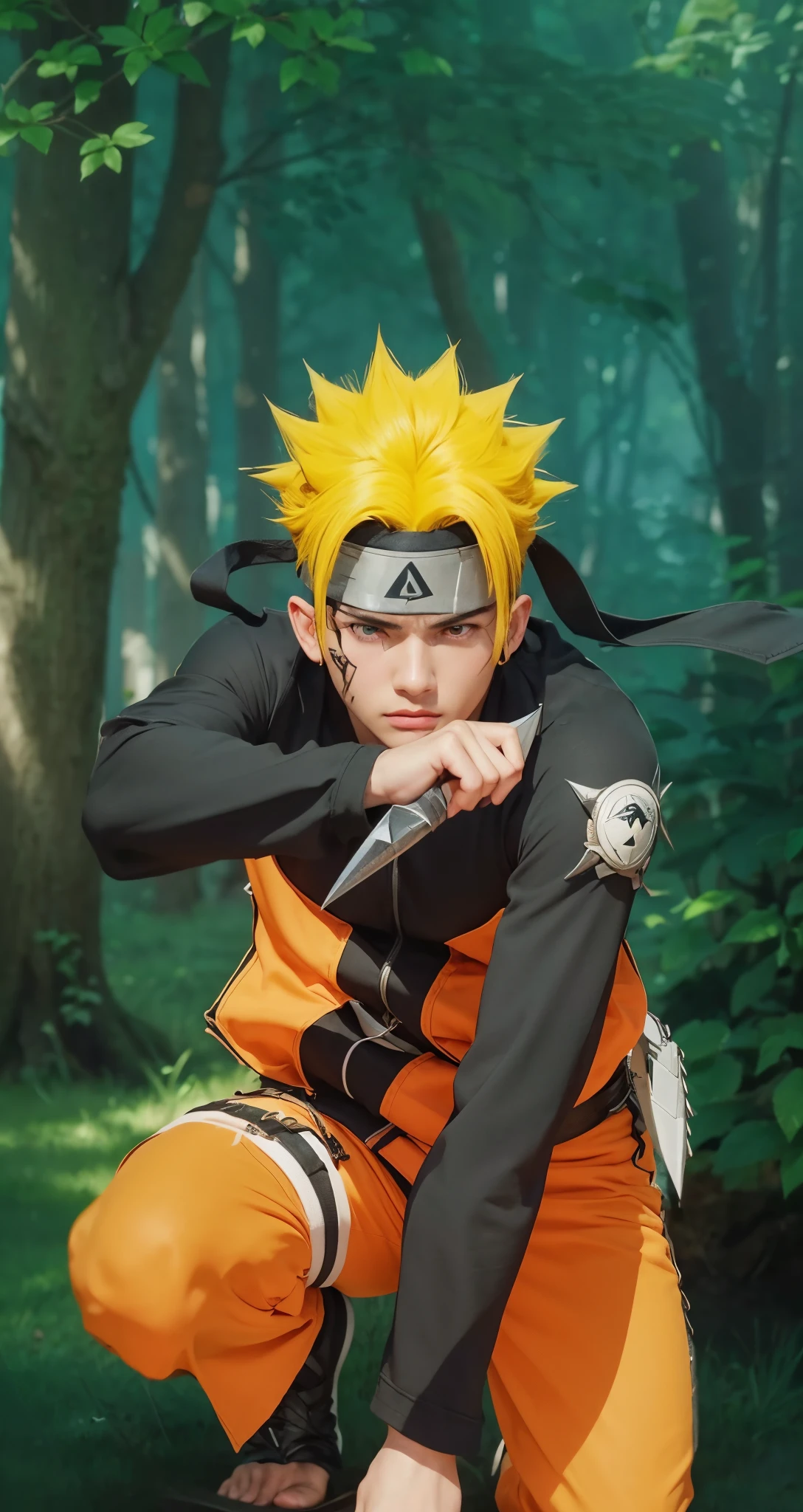 Real life adaption of this character , teen handsome face,realistic,((same hair spiky hair)),(realistic same outfit), realistic background , realistic light, realistic shadow, realism, hyper realistic,(photorealistic:1.2), normal small eyes, holding kunai  , realistic same headband ninja