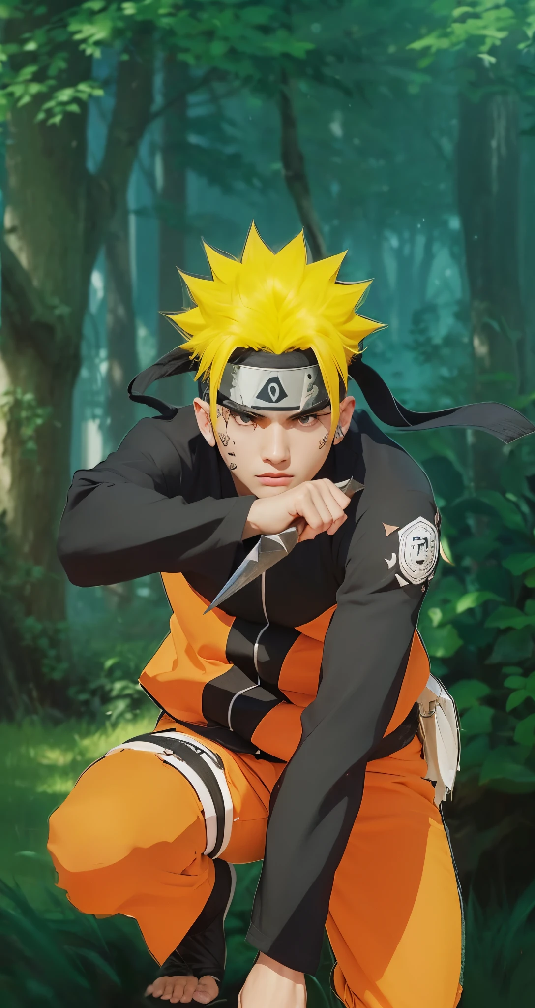 Real life adaption of this character , handsome face,realistic,((same hair spiky hair)),(realistic same outfit), realistic background , realistic light, realistic shadow, realism, hyper realistic,(photorealistic:1.2), normal small eyes, holding kunai , realistic same headband ninja