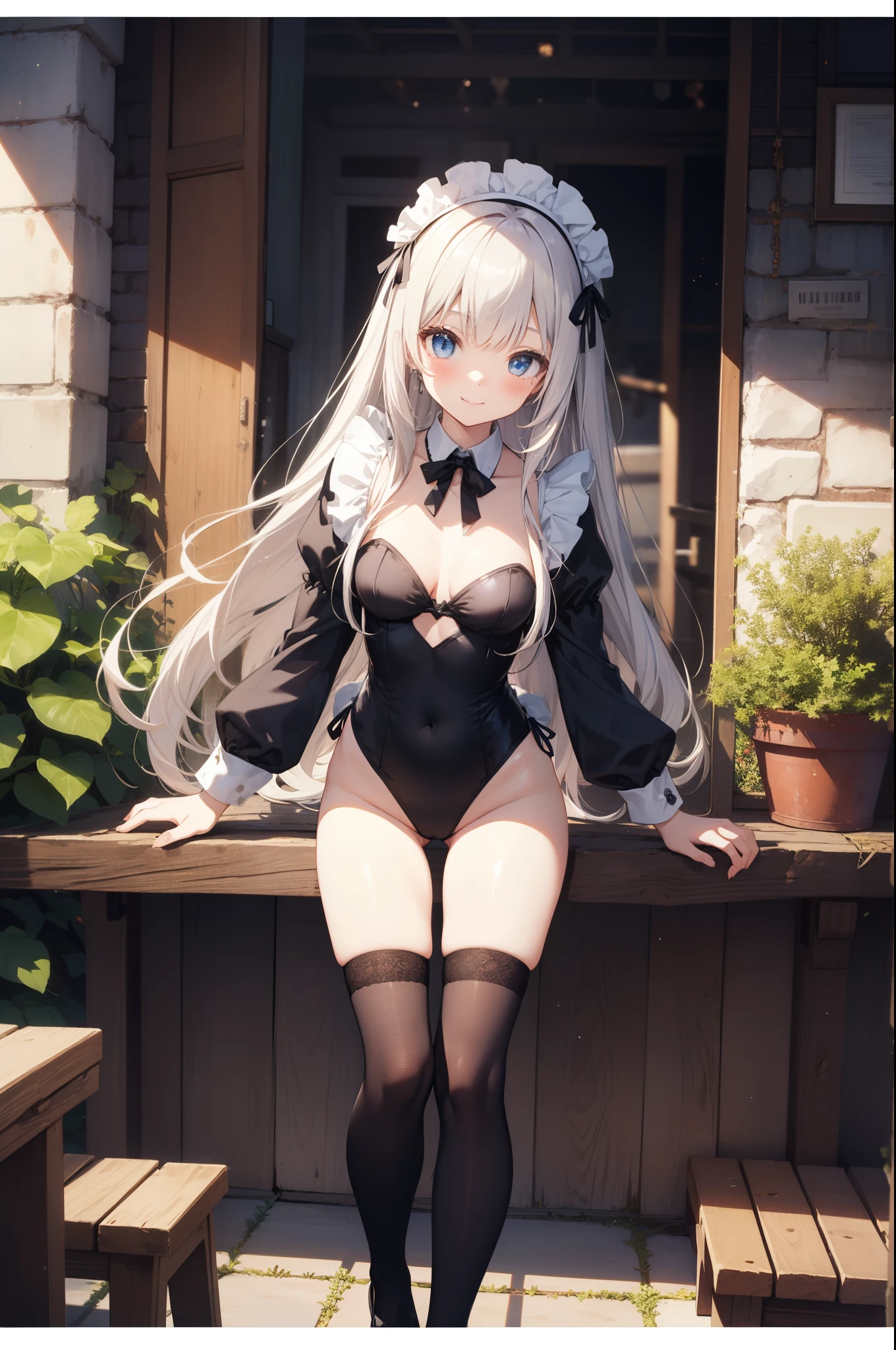 Beautiful illustration、top-quality、cute petit girl、(transform sequence)、Beautiful maid clothes、((brilliant leotard))、12year old、elementary student、Slender beautiful girl、Fractal Art、baby-face、Silver Straight Long Hair、beautiful detailed blue eyes、kindly smile、Full Body Display、Western-style garden、(1 persons)、long-sleeve、Bright, beautiful sunny garden、(knee high socks)、is standing、(highleg)、You can see the chest
