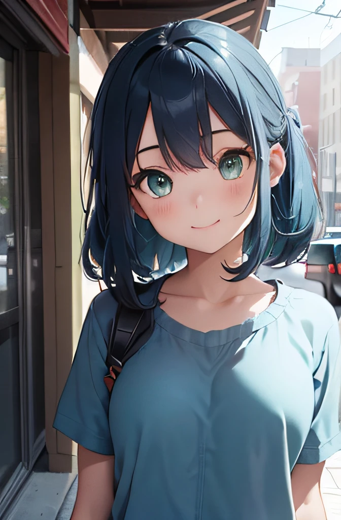 fully body photo,teens girl(8 talents),blue hairs,Semi-long,Green eyes,a smile,elementary student