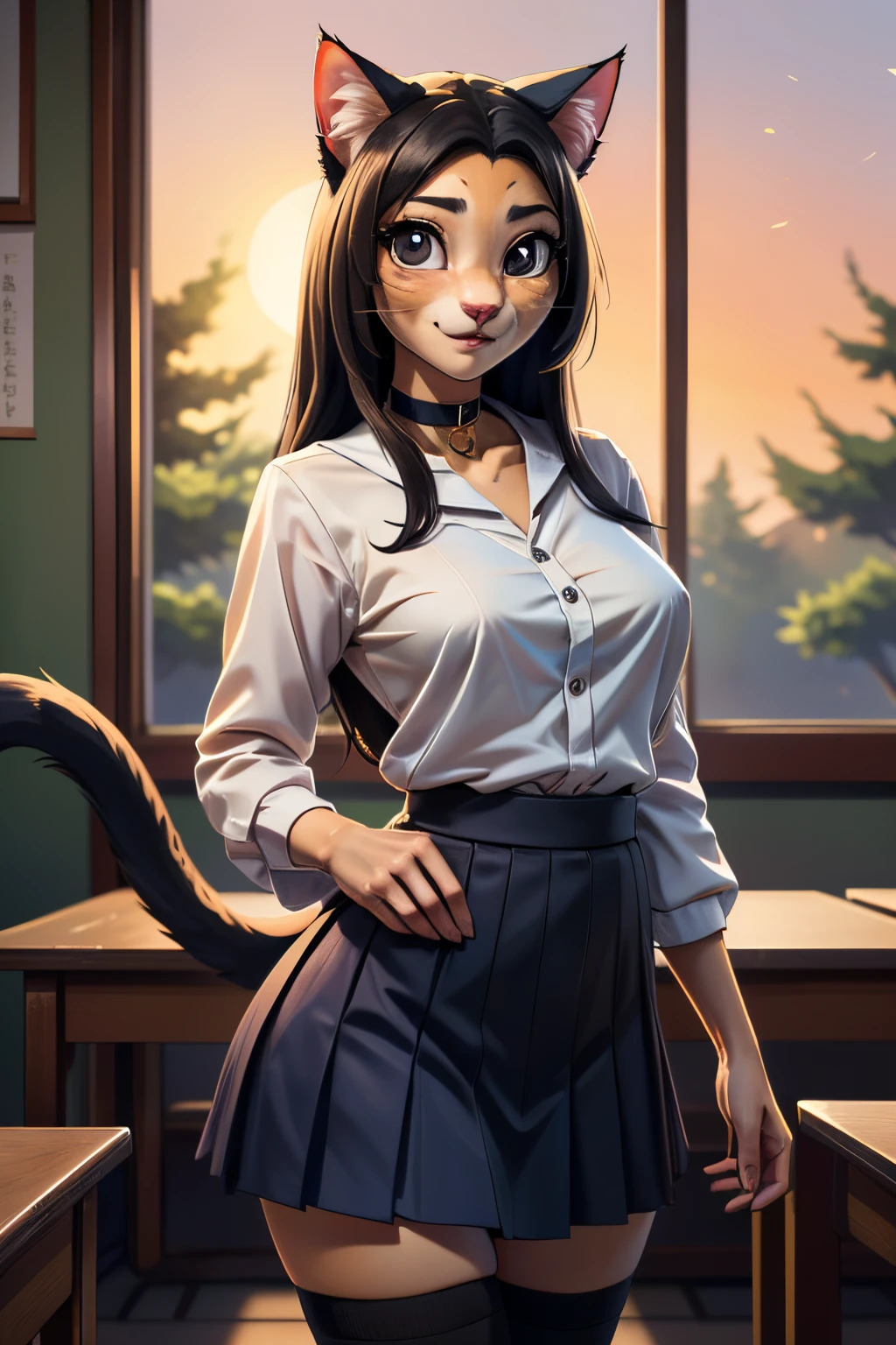 ((ultra quality)), ((tmasterpiece)), Girl-khajiit, Japanese school girl, anthro cat, furry, ((Black long hair)), ((there are only cat ears)), ((There is a cat's long tail in the back)), Beautiful cute face, beautiful female lips, charming beauty, ((Kind expression on his face)), looks at the camera with his eyes slightly closed, ((Skin color: white)), ((there is cat hair on the body)), Body glare, ((detailed beautiful female eyes)), ((kblack eyes)), beautiful female hands, ((perfect female figure)), ideal female body shapes, Beautiful waist, big thighs, Beautiful butt, ((Subtle and beautiful)), standing seductively by the window ((closeup face)), ((Dressed in Japanese school uniform, dark blue skirt, dark blue knee socks, brown shoes, black choker around the neck), background: The Japanese School, Japanese School Class, beautiful sunset outside, ((Depth of field)), ((high quality clear image)), ((crisp details)), ((higly detailed)), Realistic, Professional Photo Session, ((Clear Focus)), ((cartoon)), the anime, NSFW